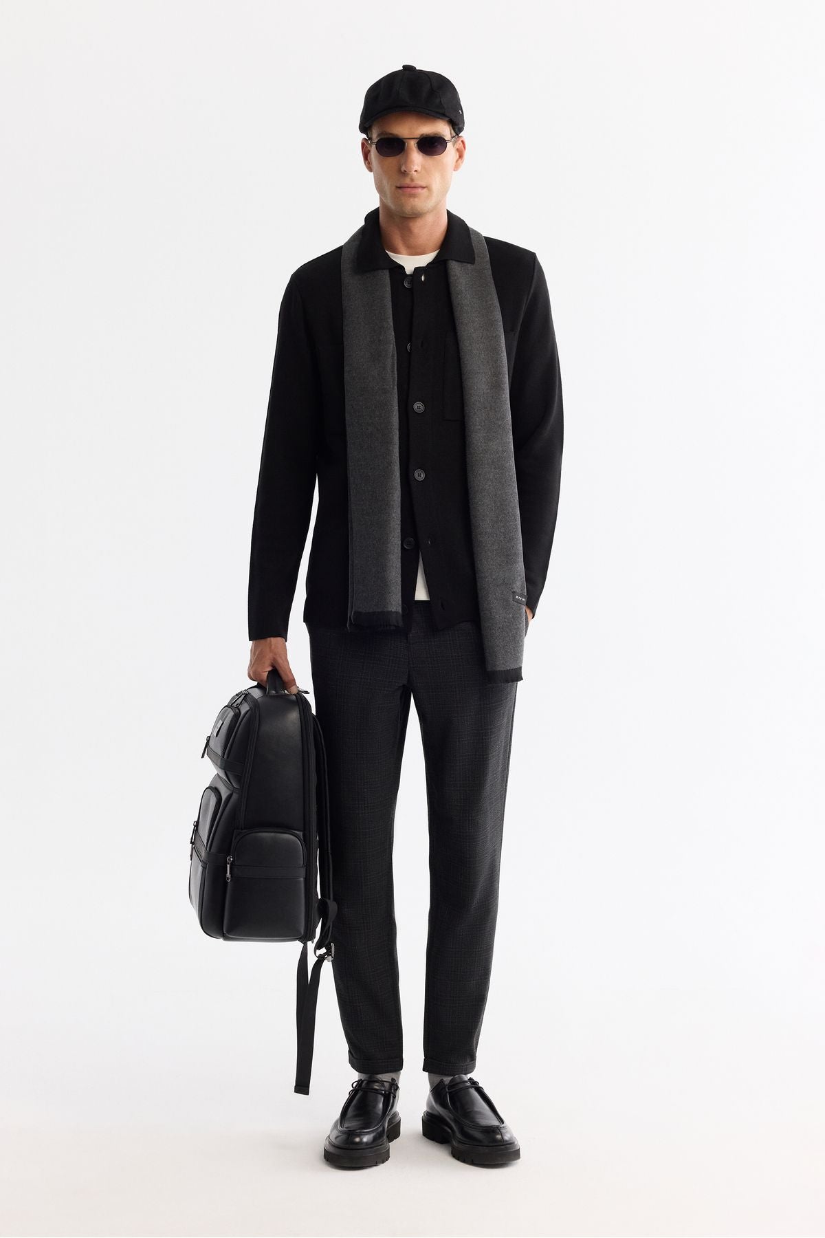 Men's black polo collar button woolen cardigan A42Y5048