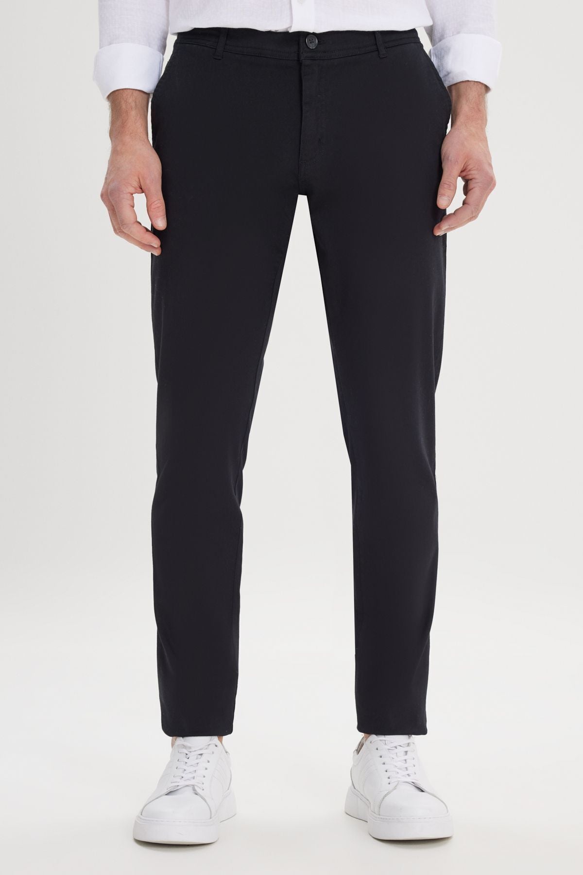 Men's black canvas slim fit narrow cut side mobile chino pants