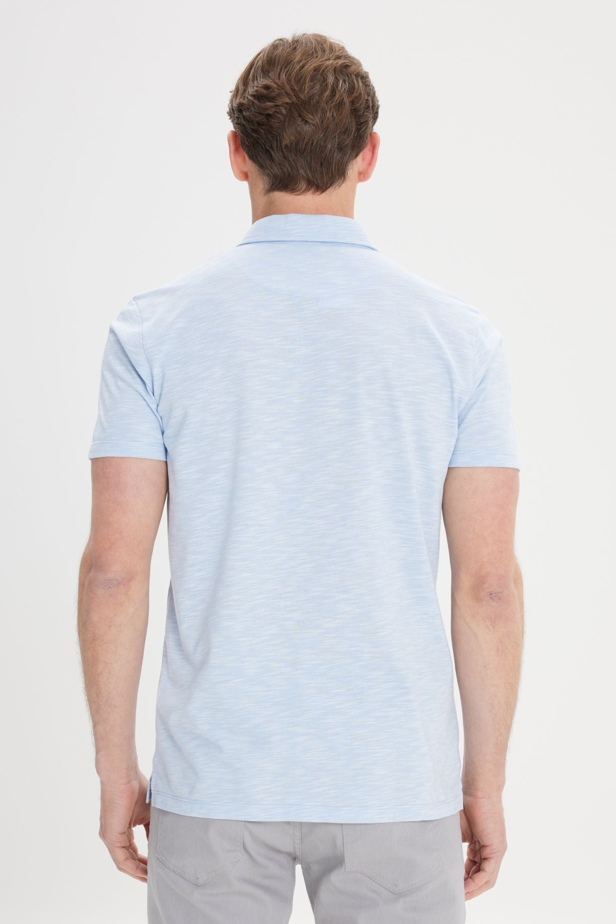 Men's light blue cotton jacquard slim fit narrow cut polo collar t -shirt