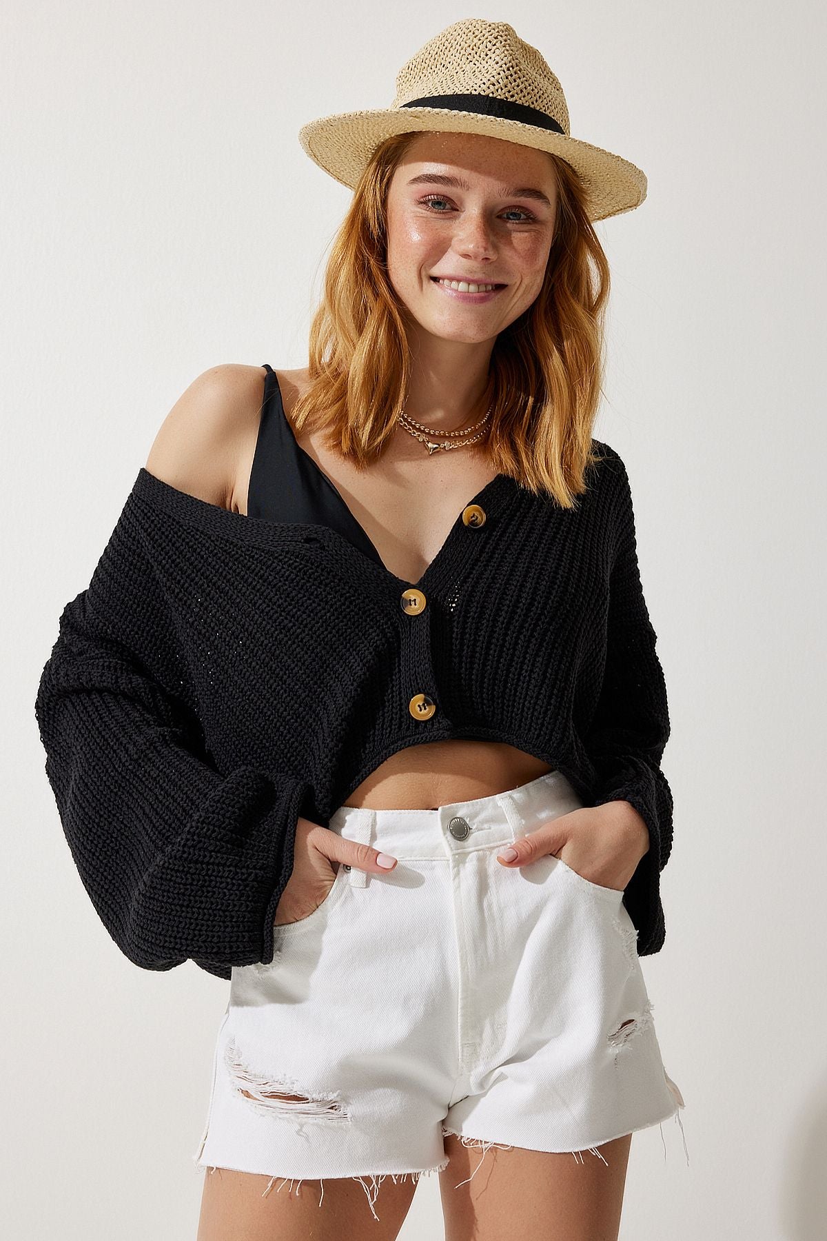 Female Black V -Neck Seasonal Crop Knitwear Cardigan MC00255