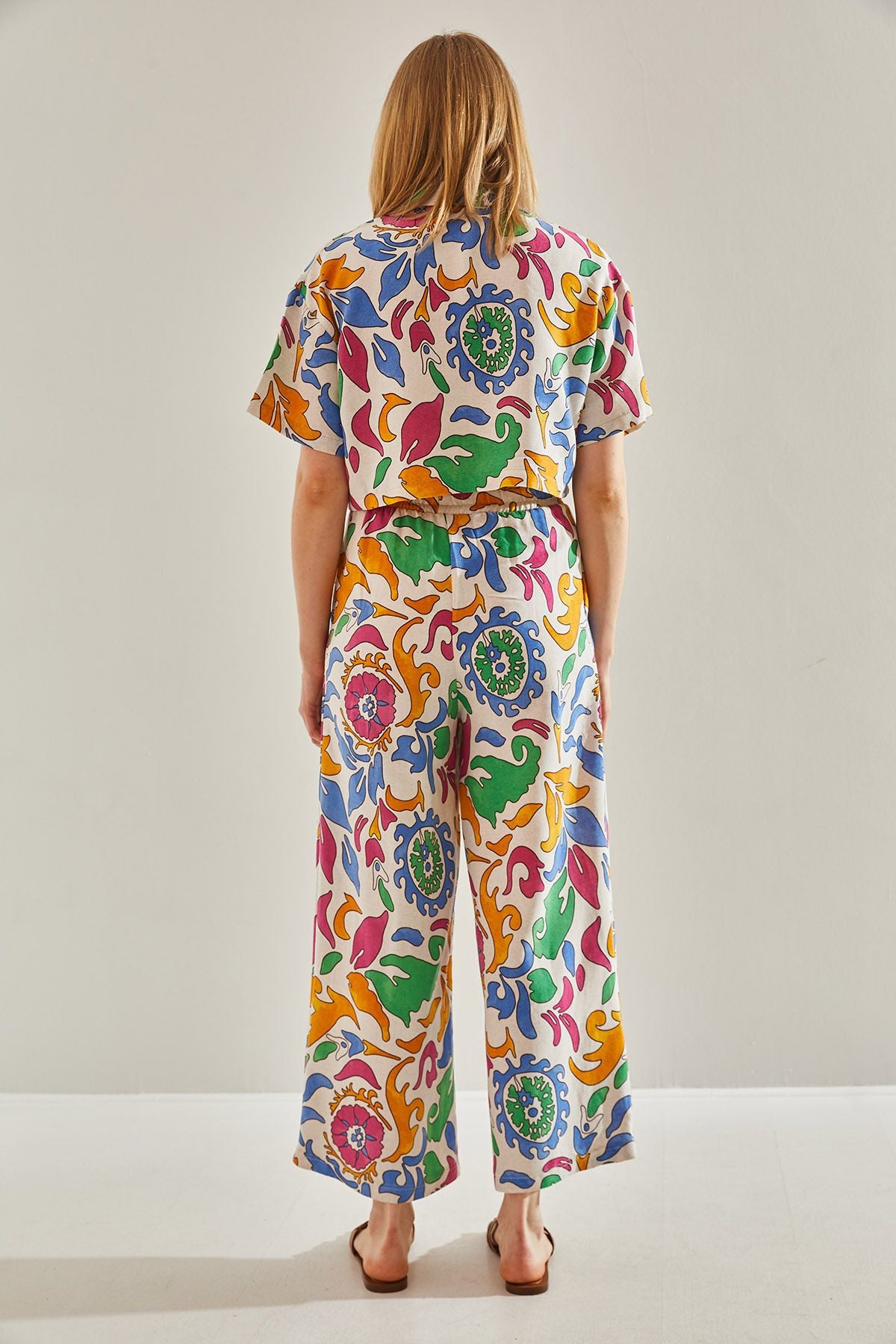 Crop Set with Palazzo Double Pants with Orange Ethnic Patterned 60251023