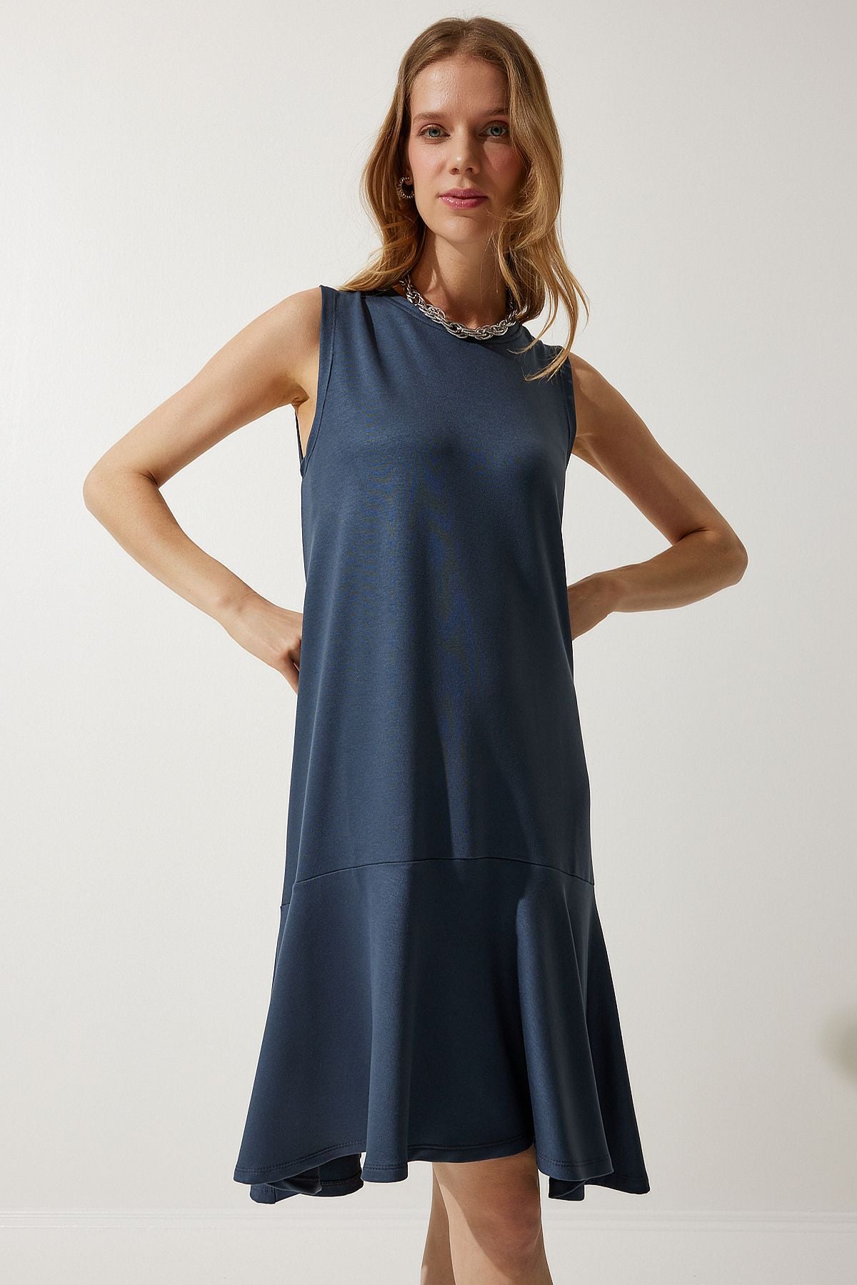 Woman indigo blue bike collar knitted bell