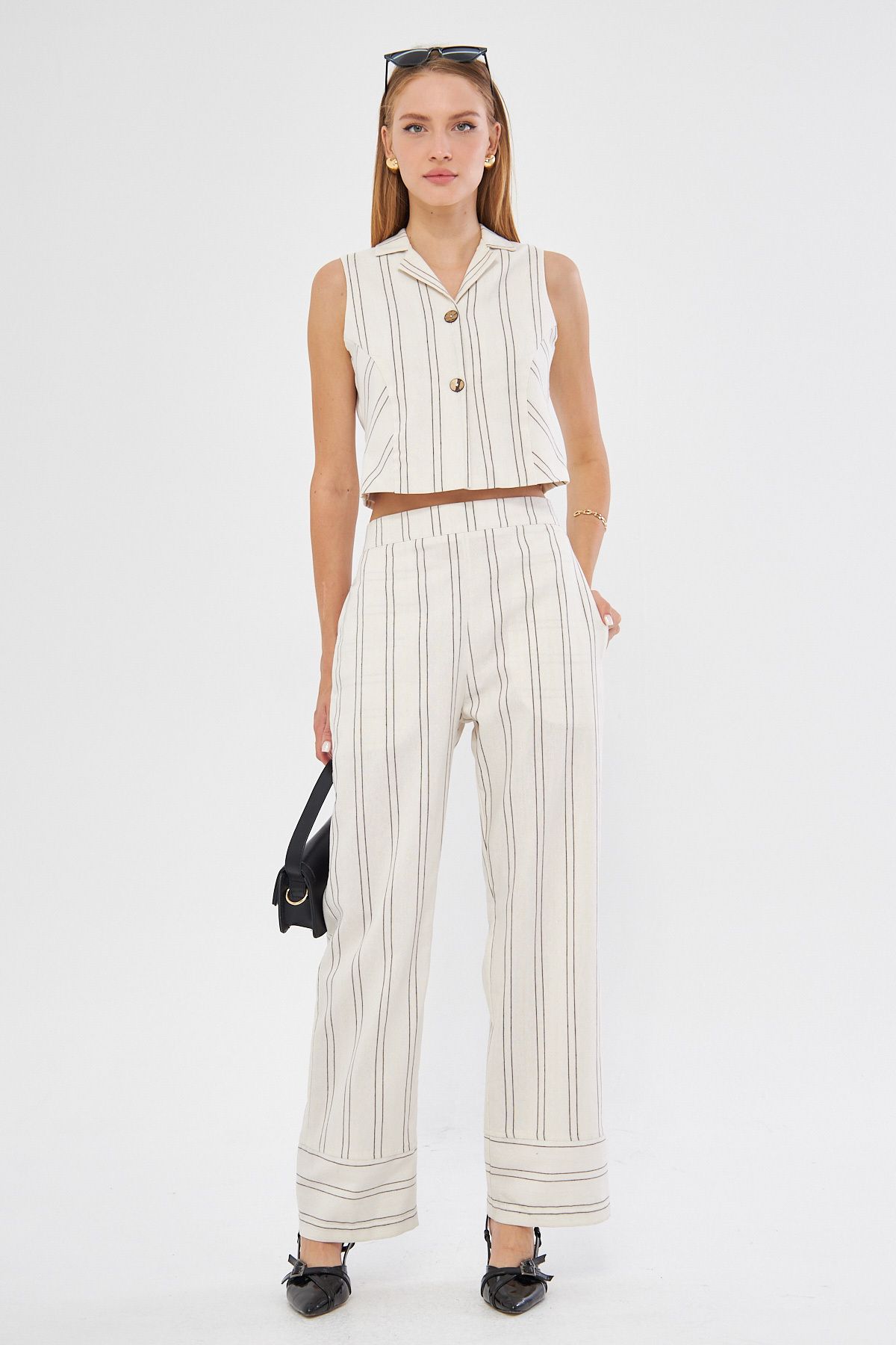 Female Men's collar buttoned lined vest trousers dual set ARM-24Y001114
