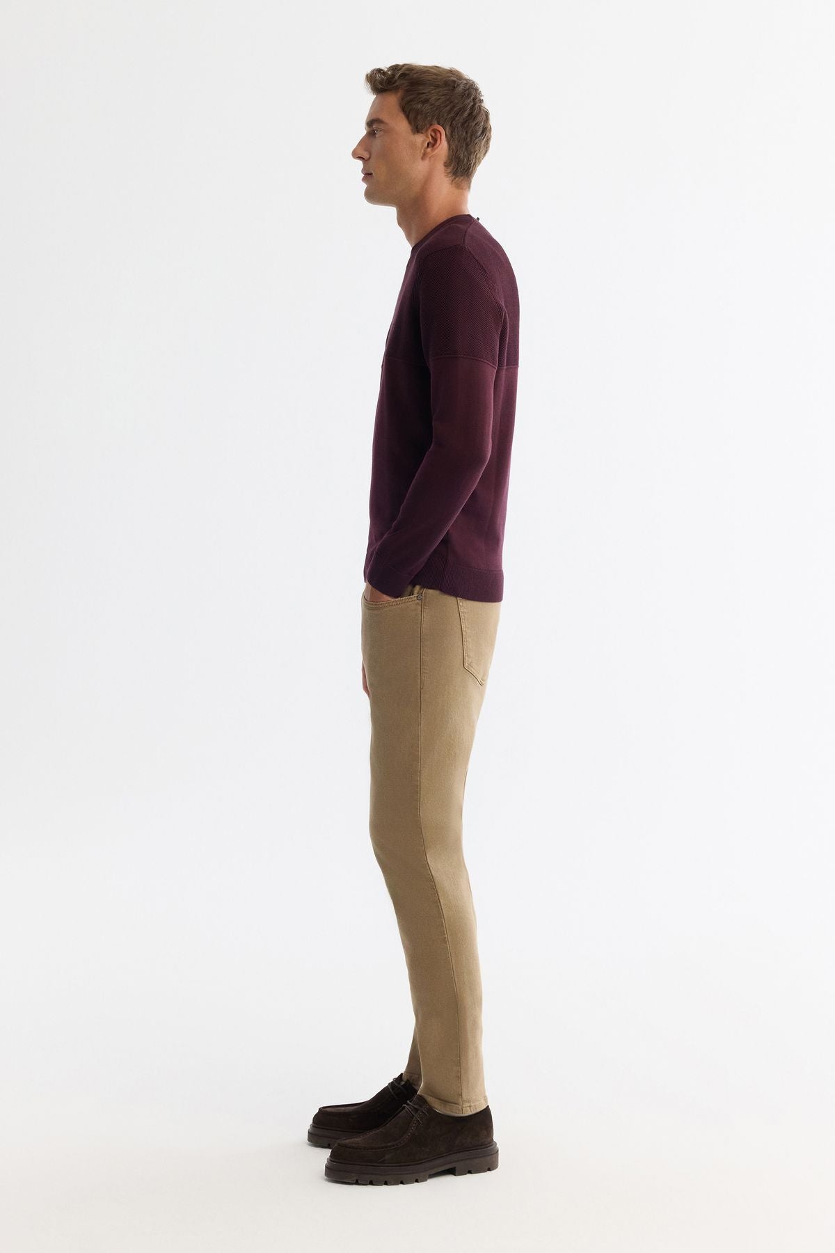 Men's burgundy bike collar dual collar detailed textured cotton knitwear sweater A42y5190