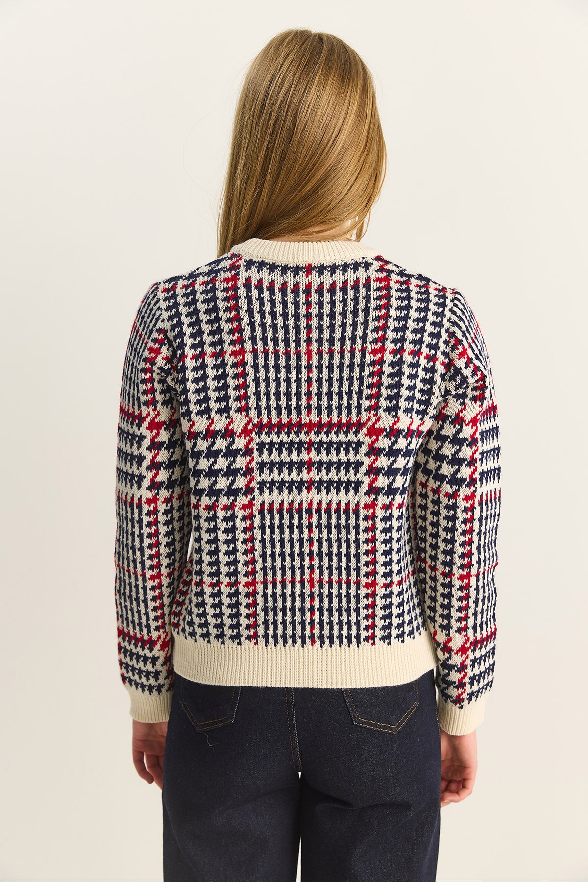 Women's Crew Neck Houndstooth Patterned Knitwear Sweater 20251122