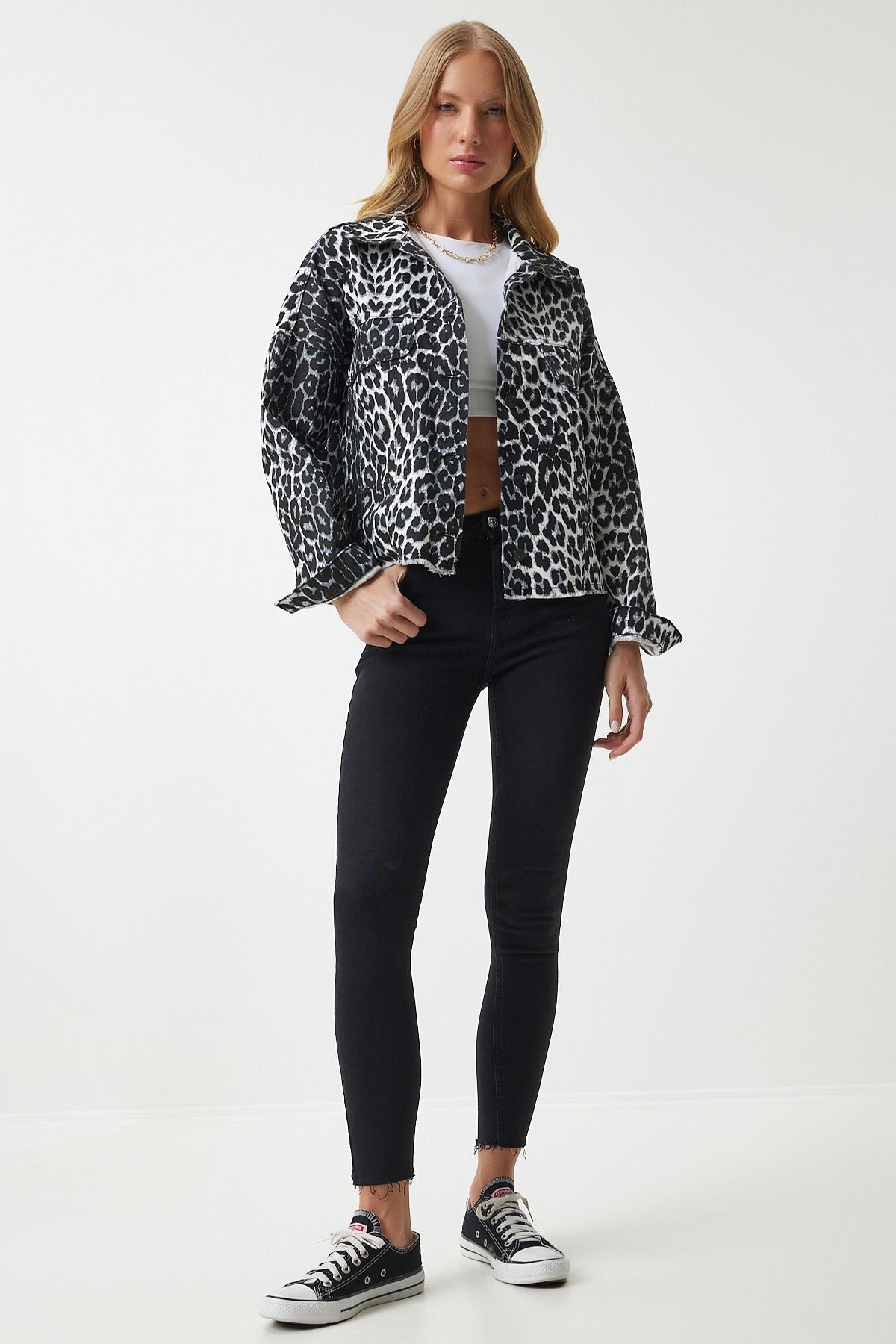Female Black Ecru Leopard Patterned Denim Jacket VC00007