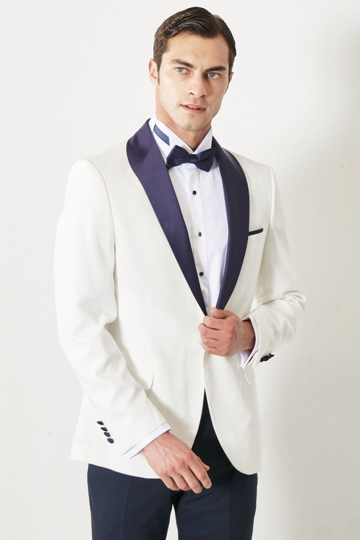 Men's white-lacivert slim fit narrow cutting mono collar pattern classic tuxedo set