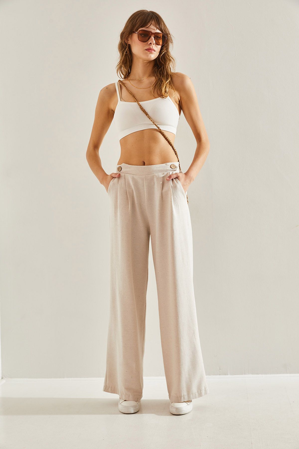 Female Front Egger Double Button Detailed Pocket Natural Palazzo Pants 60251124