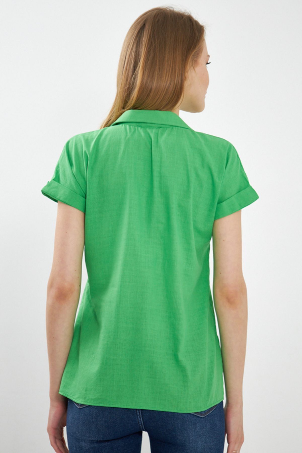 Female Green Short Sleeve Linen Shirt ARM-24Y001038