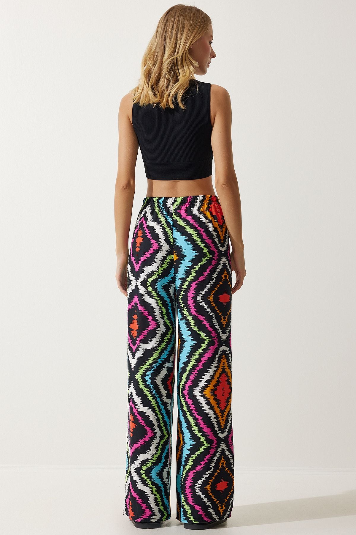 Female Black Blue Patterned Viscose Palazzo Pants EN00606