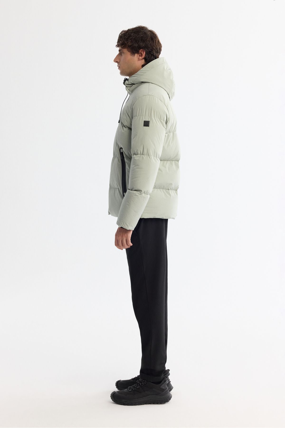Men's light gray hooded collar fiber filling coat B006046