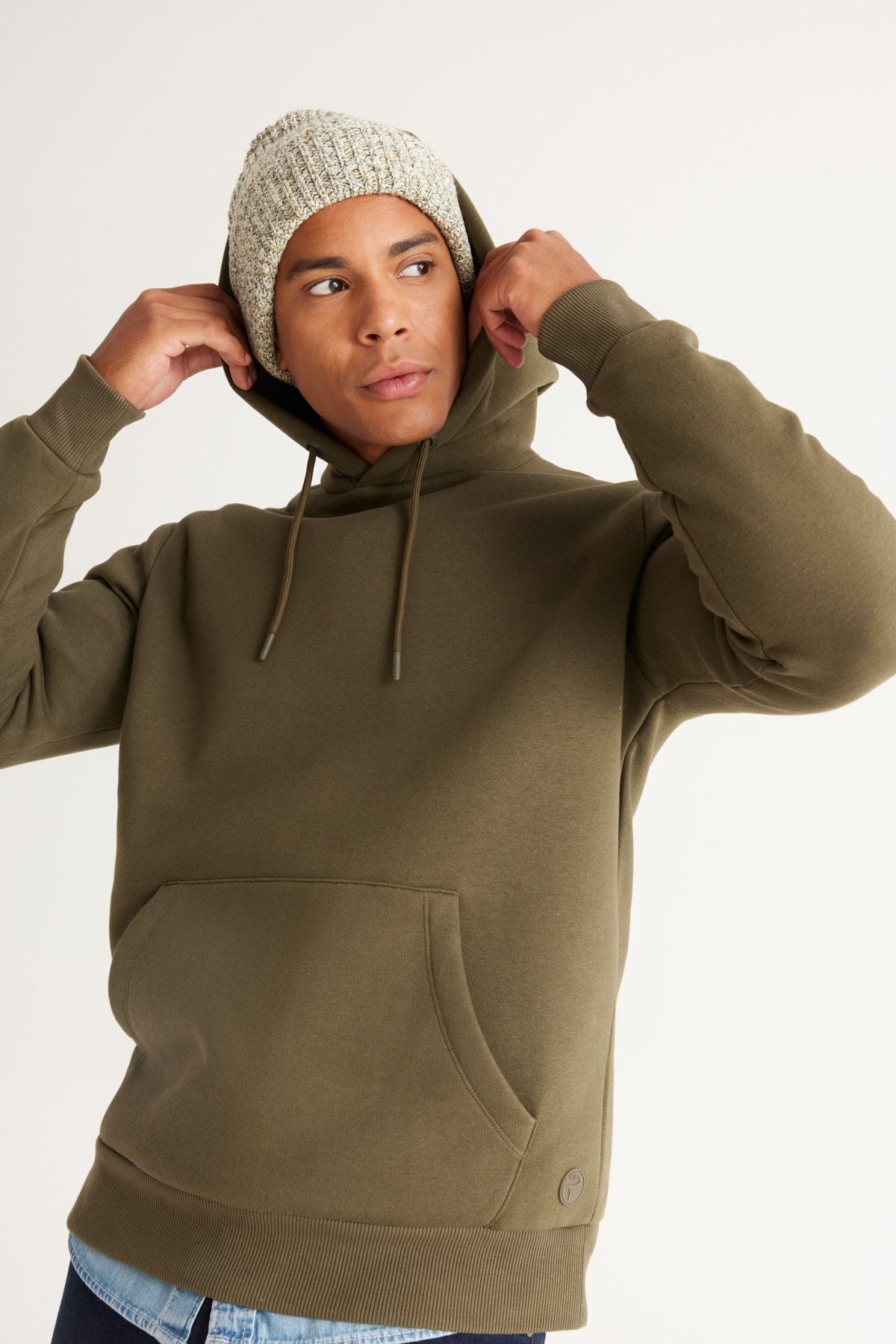 Men's Khaki Standard Fit Normal Cutting Içi Polar 3 IP hooded kangaroo pocket cotton sweatshirt