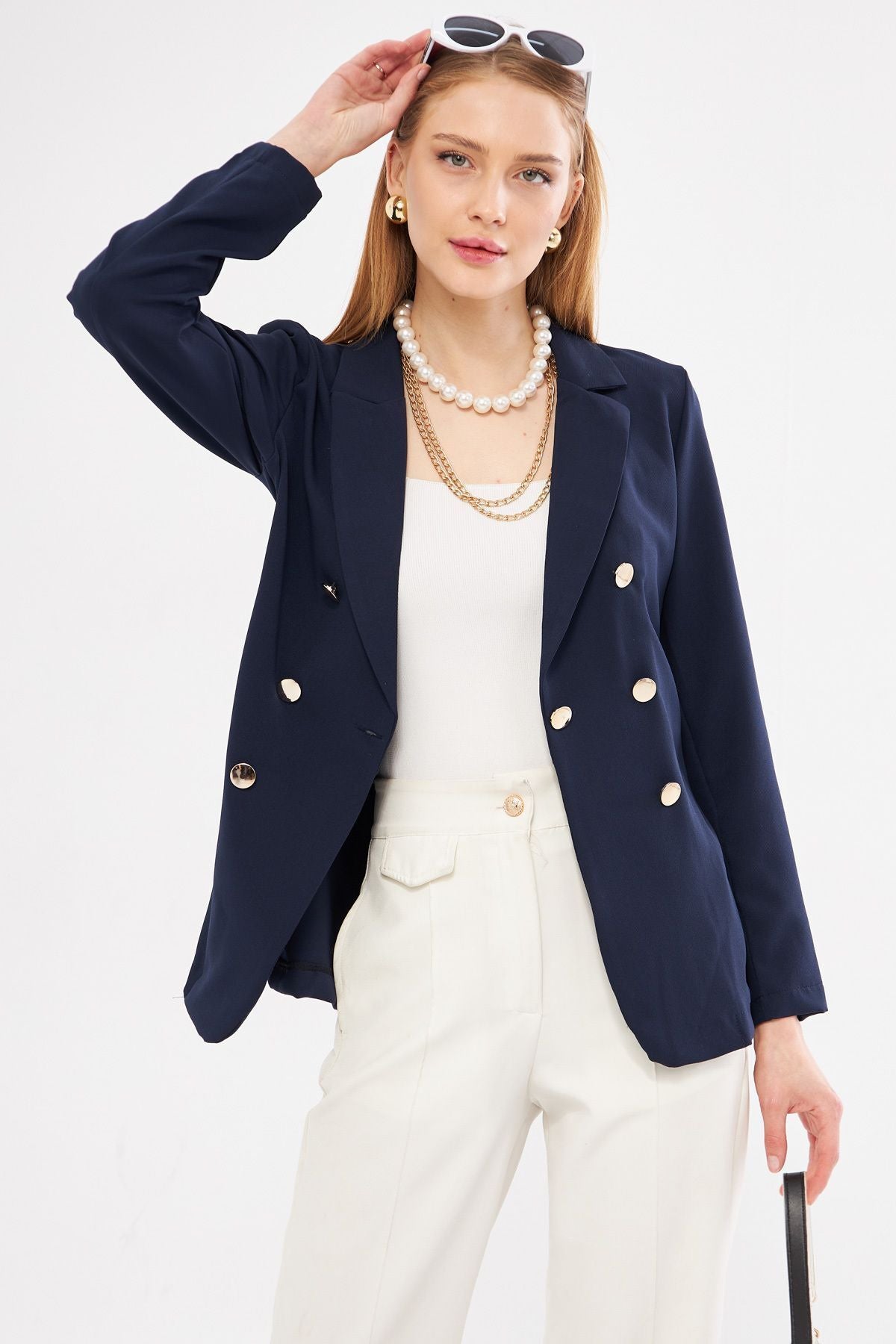 Female Navy Blue button jacket ARM-20K001151