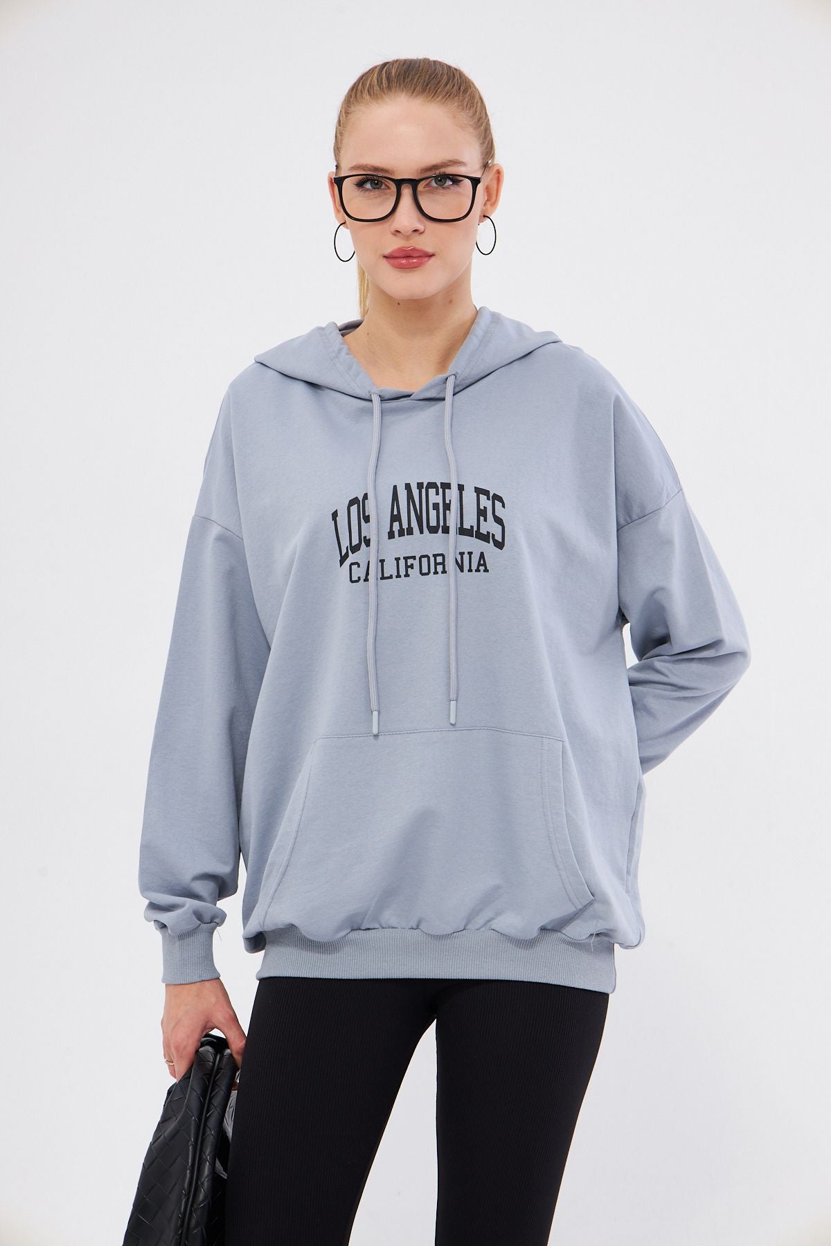 Woman Gray Los Angeles printed hooded overwheel Sweatshirt ARM-25K001026