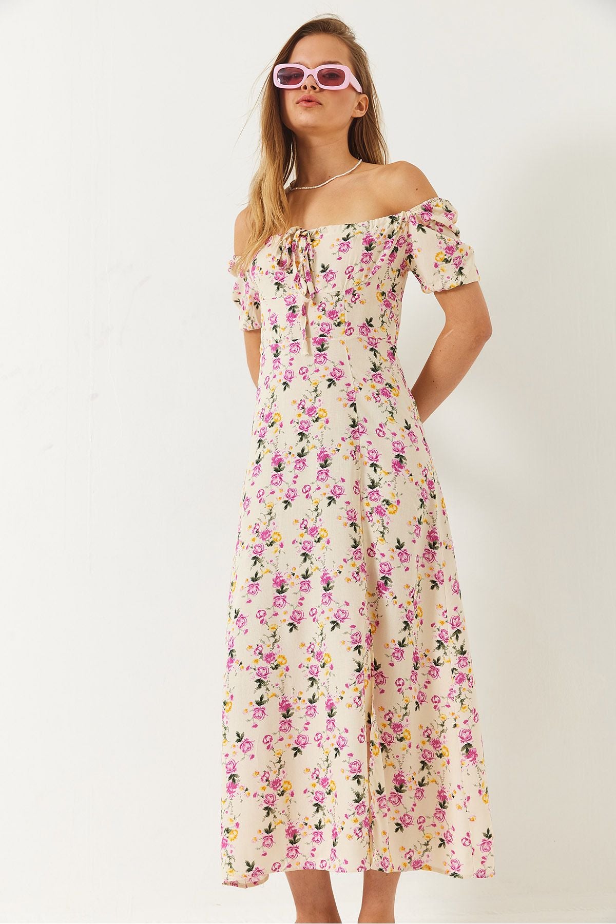 Female Baglama Neck Slit Detailed Patterned Midi Viscose Dress 60261492