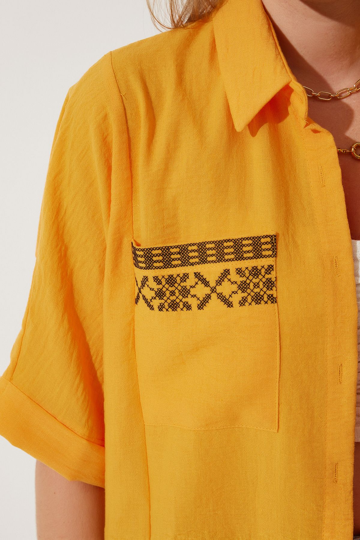 Female Orange Embroidered Pocket Oversizle Linen Ayrrin Shirt RG00031