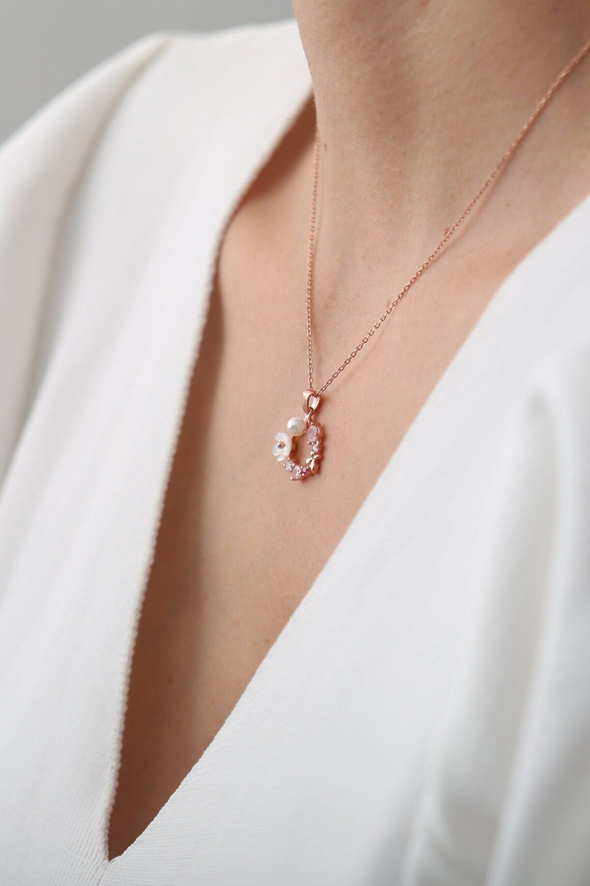 Orchid and colored stone 14 k rose gold -plated women's necklace