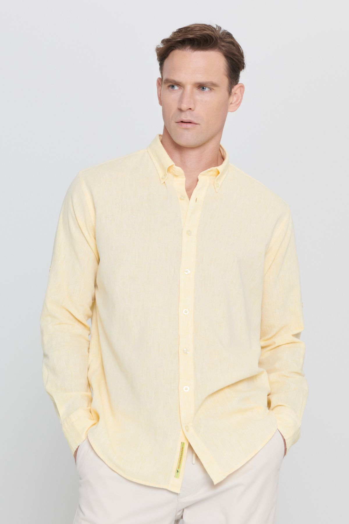 Men's Yellow Linen Comfort Fit Casual Cutton Buttoned Neck Casual Shirt