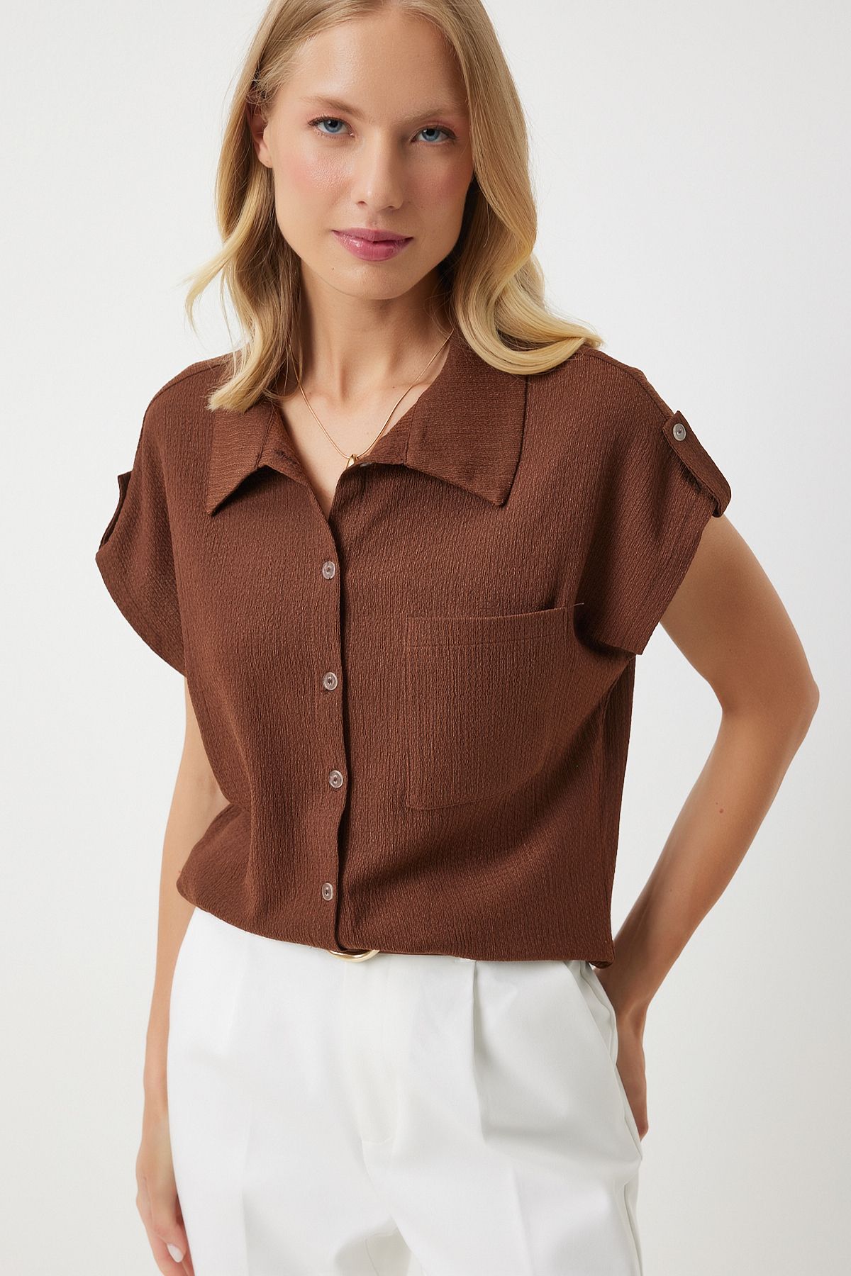 Female Brown Pocket Casual Knitting Shirt DD01325