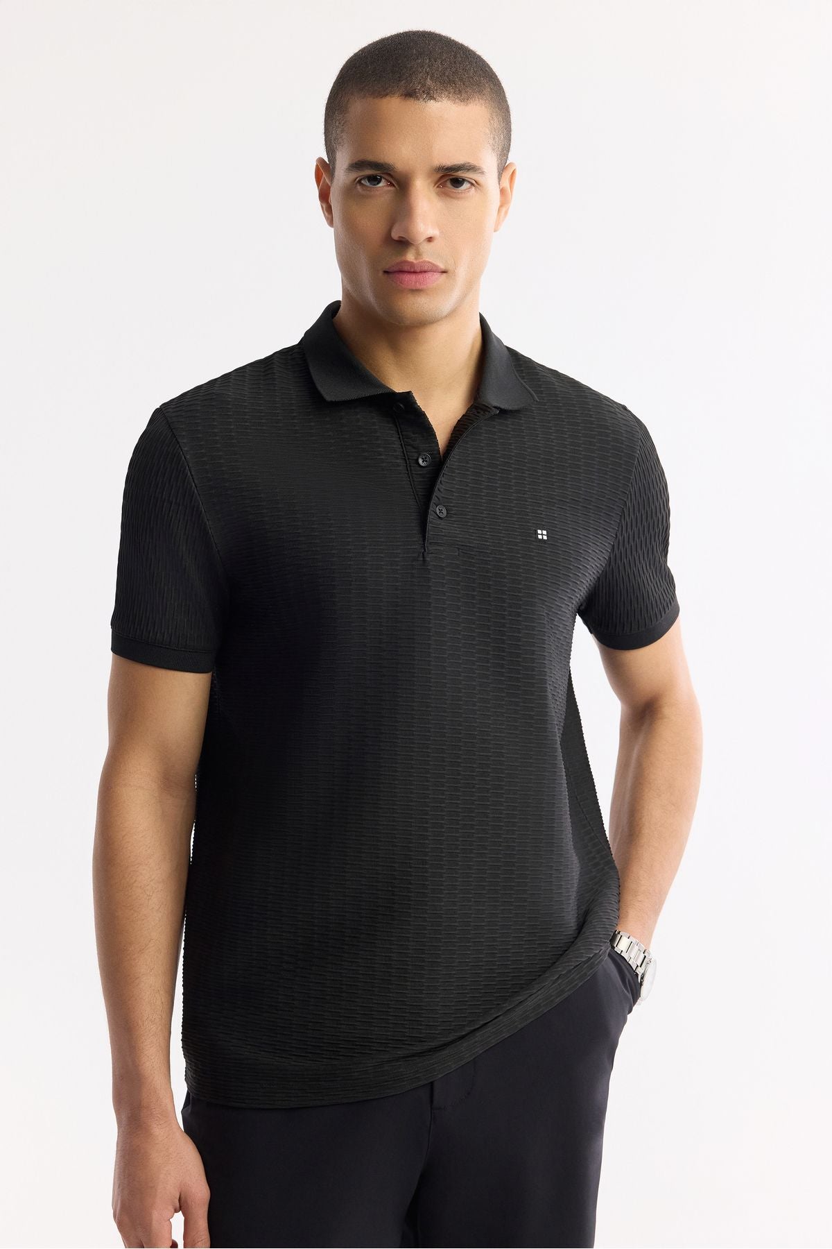 Men's black button polo collar textured jacquard t-shirt A51y1121