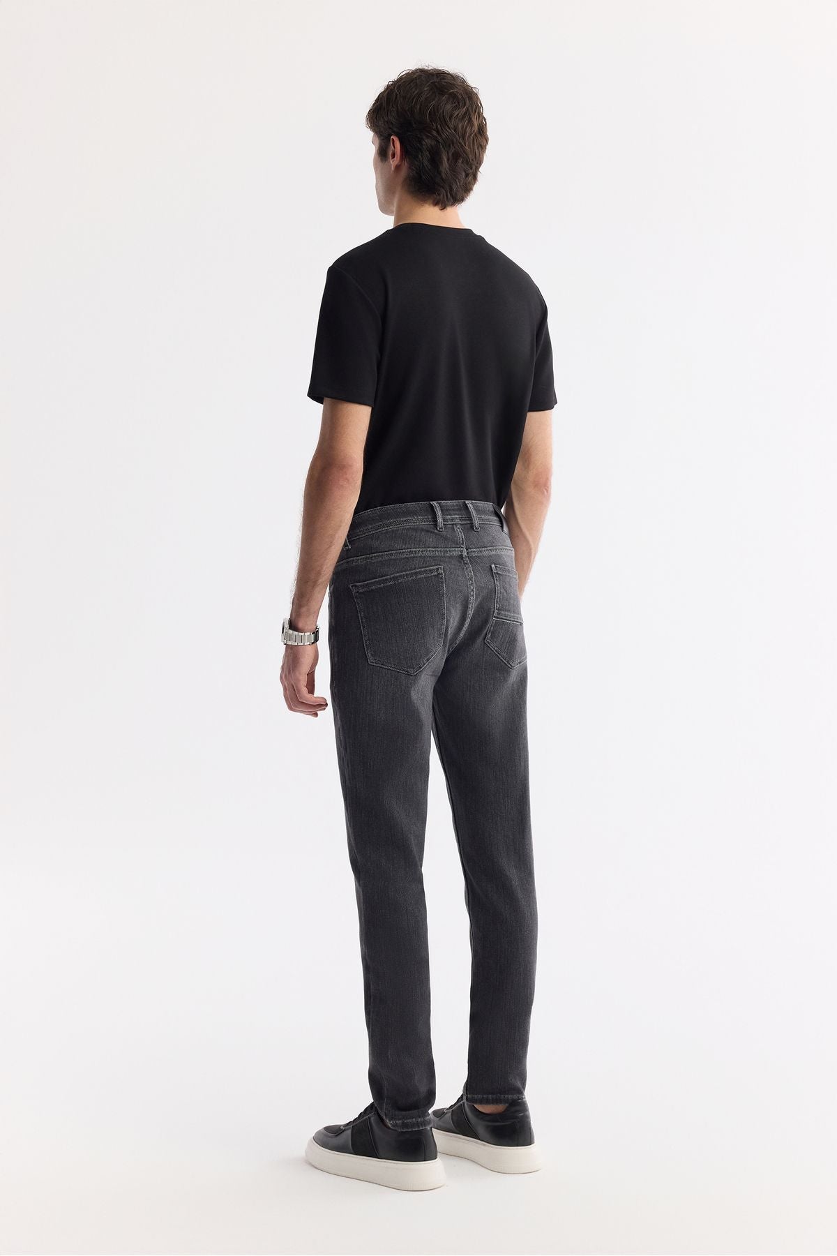 Men's anthracite stone washing knitted slim fit denim pants A51y3513