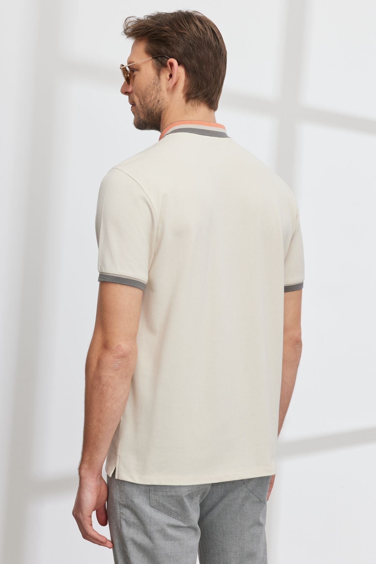 Men's Beige Slim Fit Narrow Cutting 100 %Cotton Curiated Polo Yaka T -shirt
