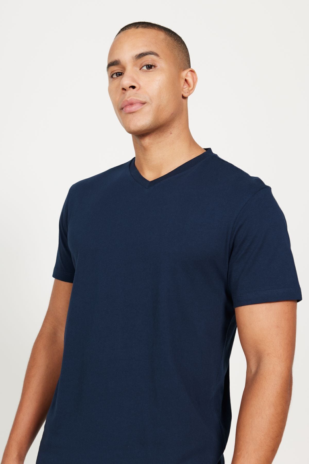 Men's Navy Blue-Lacivert 2 V-neck 100 %Cotton Slim Fit Narrow Cut Basic T-shirt