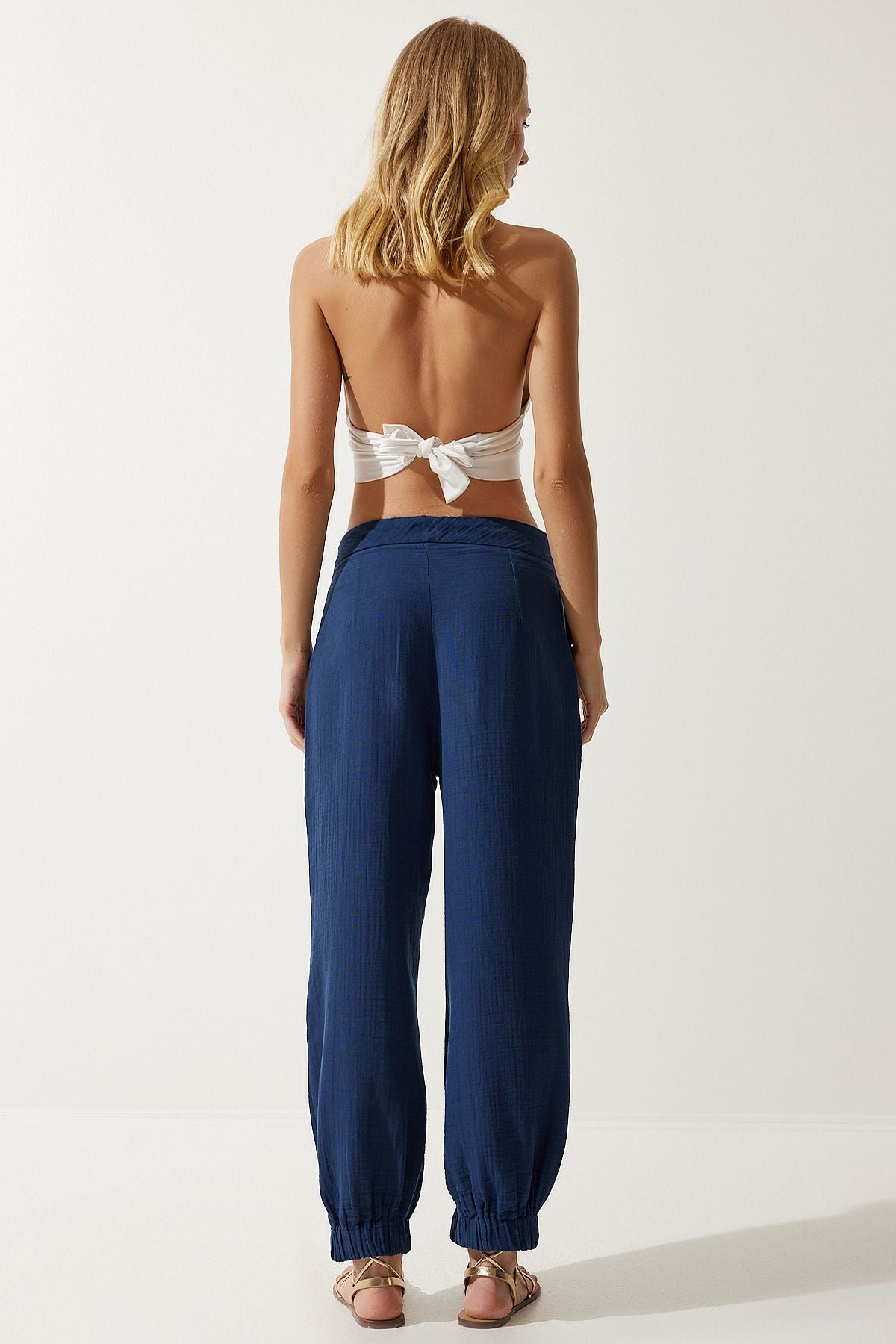 Female navy blue embroidery detailed Muslin Pants SF00019