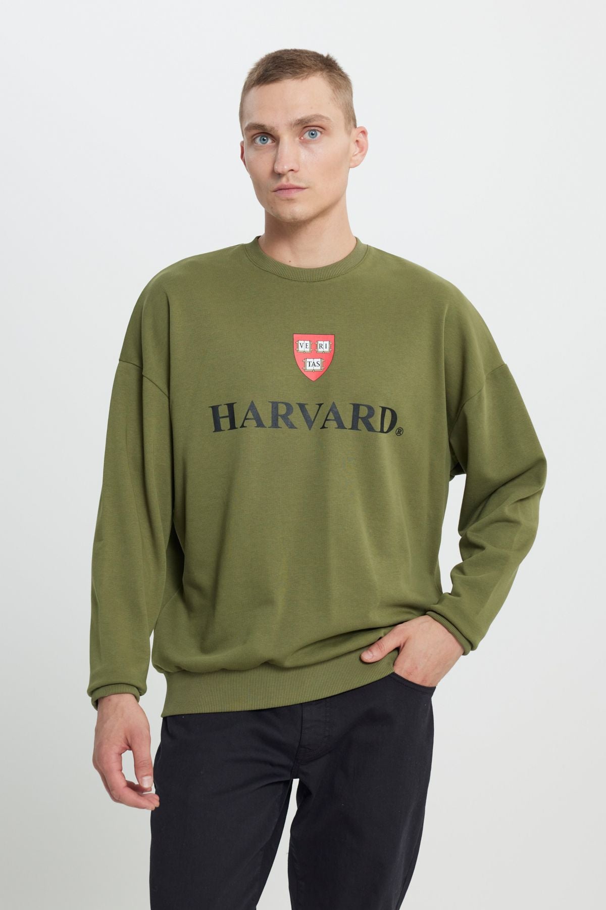 Men's Khaki Harvard licensed 3 thread cotton overwheeling fit abundant cut bicycle collar sweatshirt