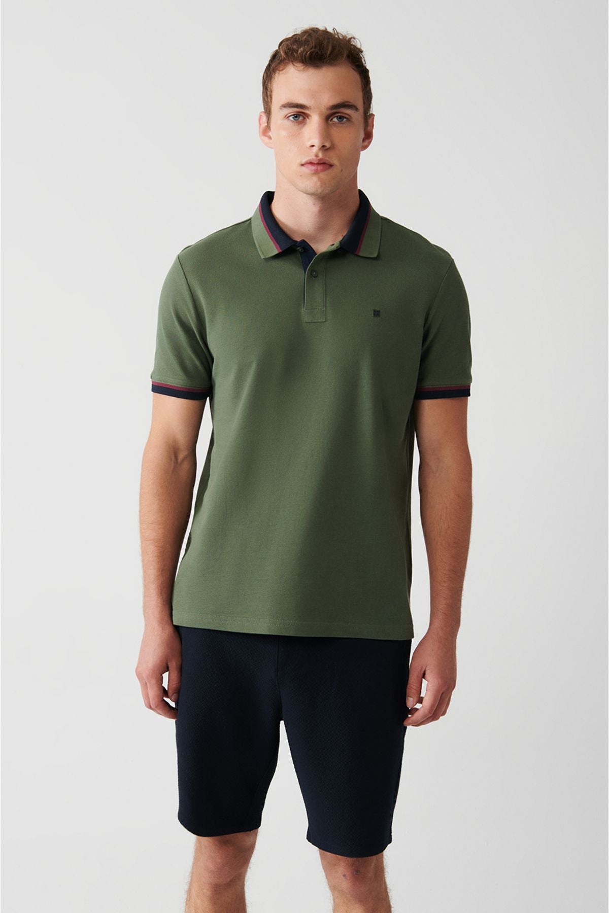 Male Khaki Polo collar T-shirt collar striped 100 %cotton regular fit 2 button E001036