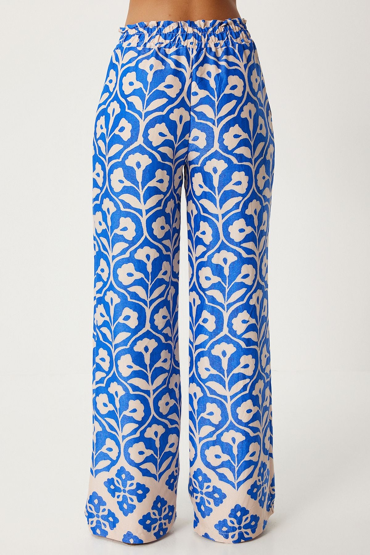 Female Blue Cream Patterned Viscose Blouse Palazzo Set FN03278