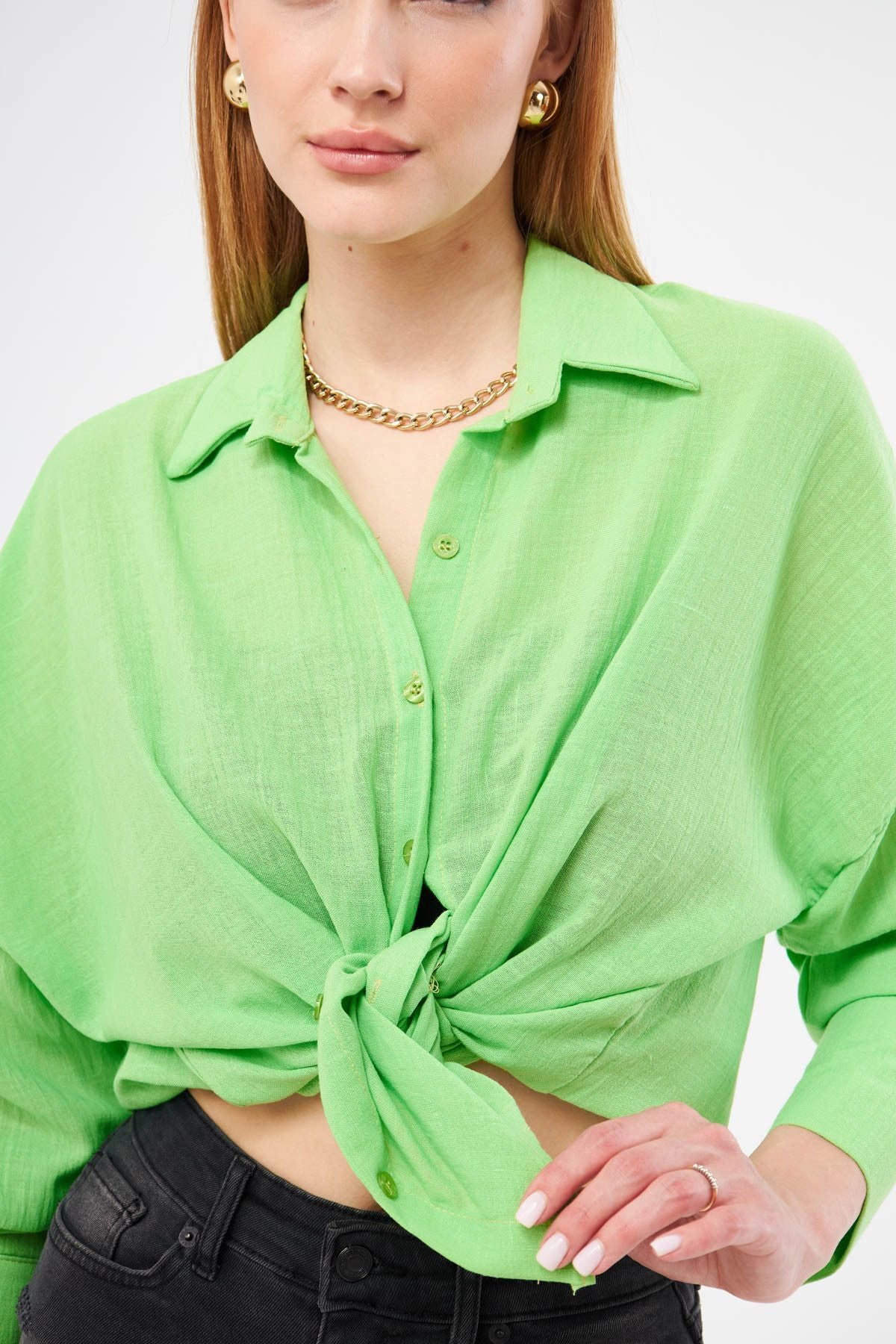 Woman Light Green Oversize textured linen-looking large cuff shirt ARM-24K001001