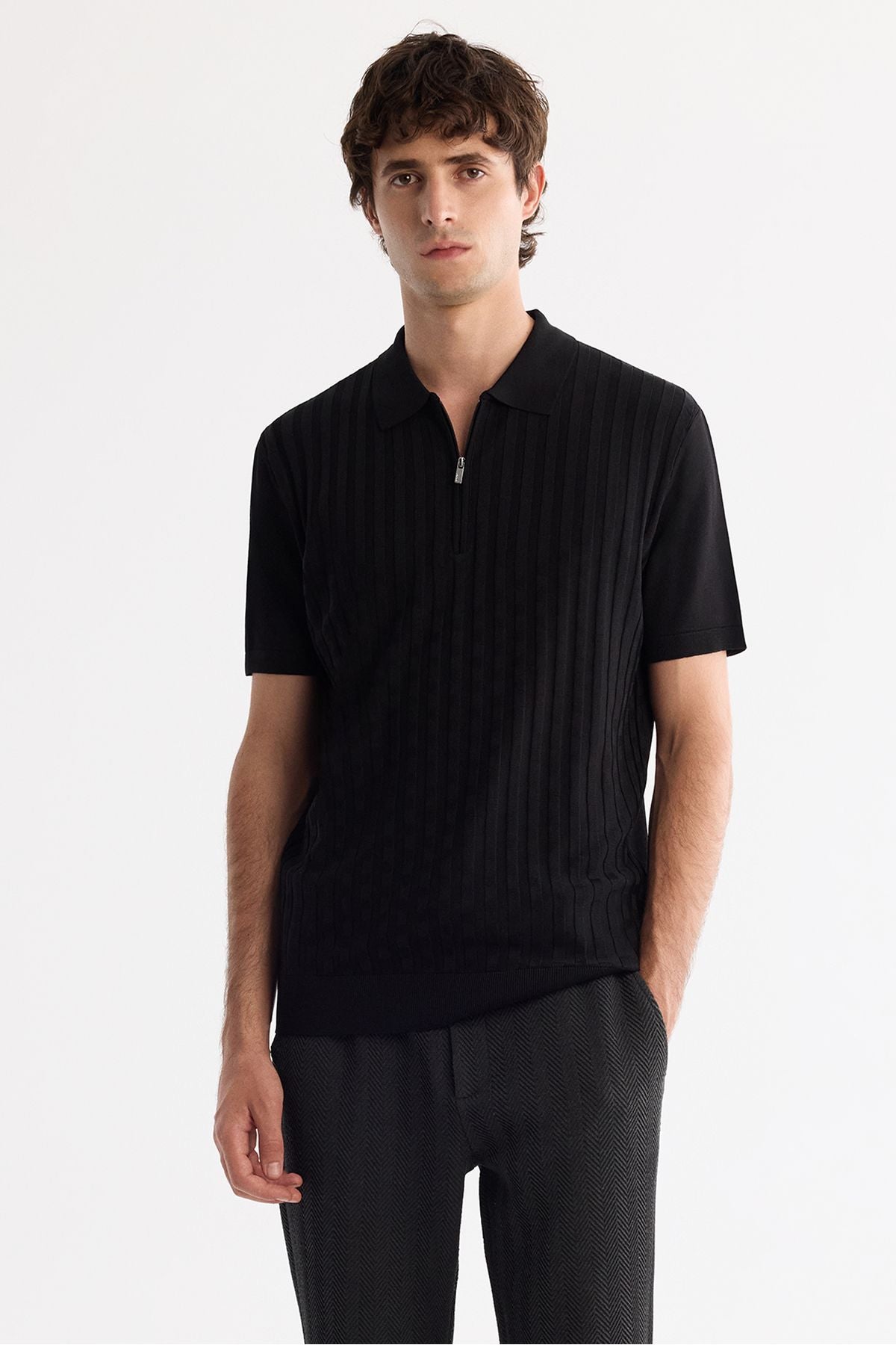 Men's Black Polo Yaka Zipper Rayon Triko T-Shirt A42y5128