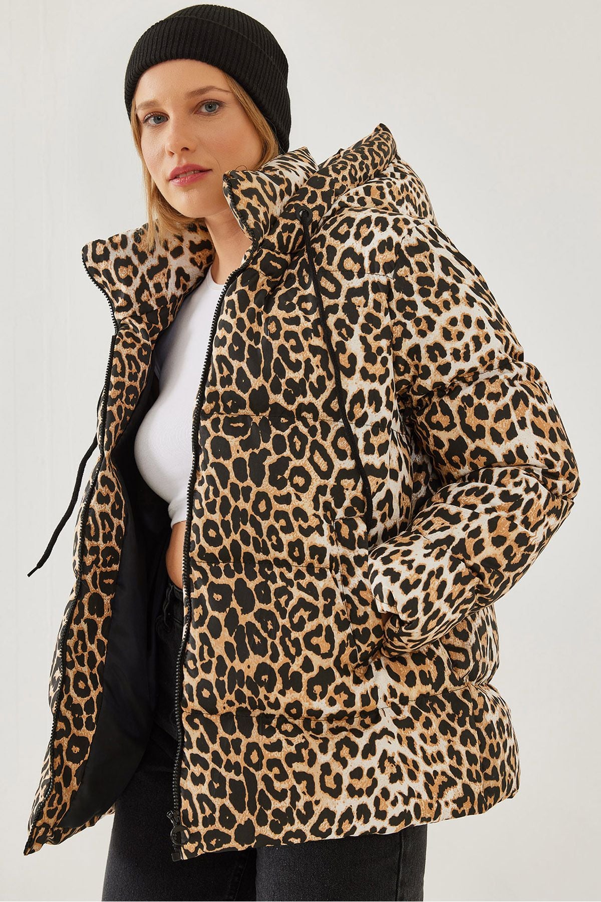 Female Honeycomb Laccik Leopard Patterned Swelling Coat 2482 60351224