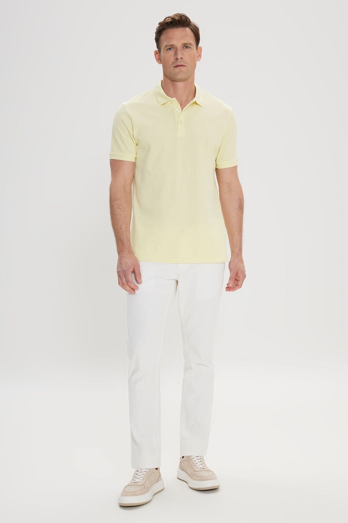 Men's yellow slim fit narrow cut polo collar 100 %cotton short sleeve t -shirt