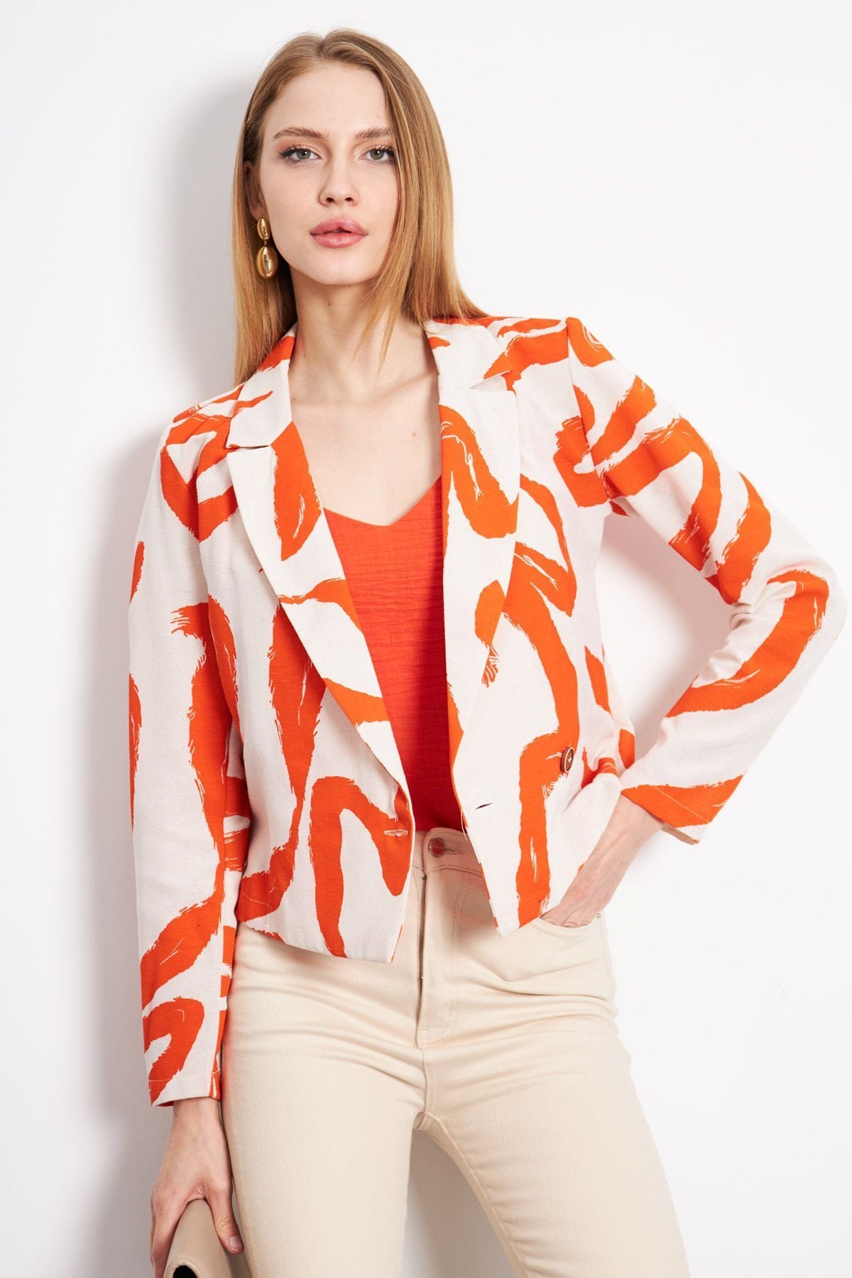 Women's Orange Cruve Collar Patterned Crop Jacket ARM-24Y001058