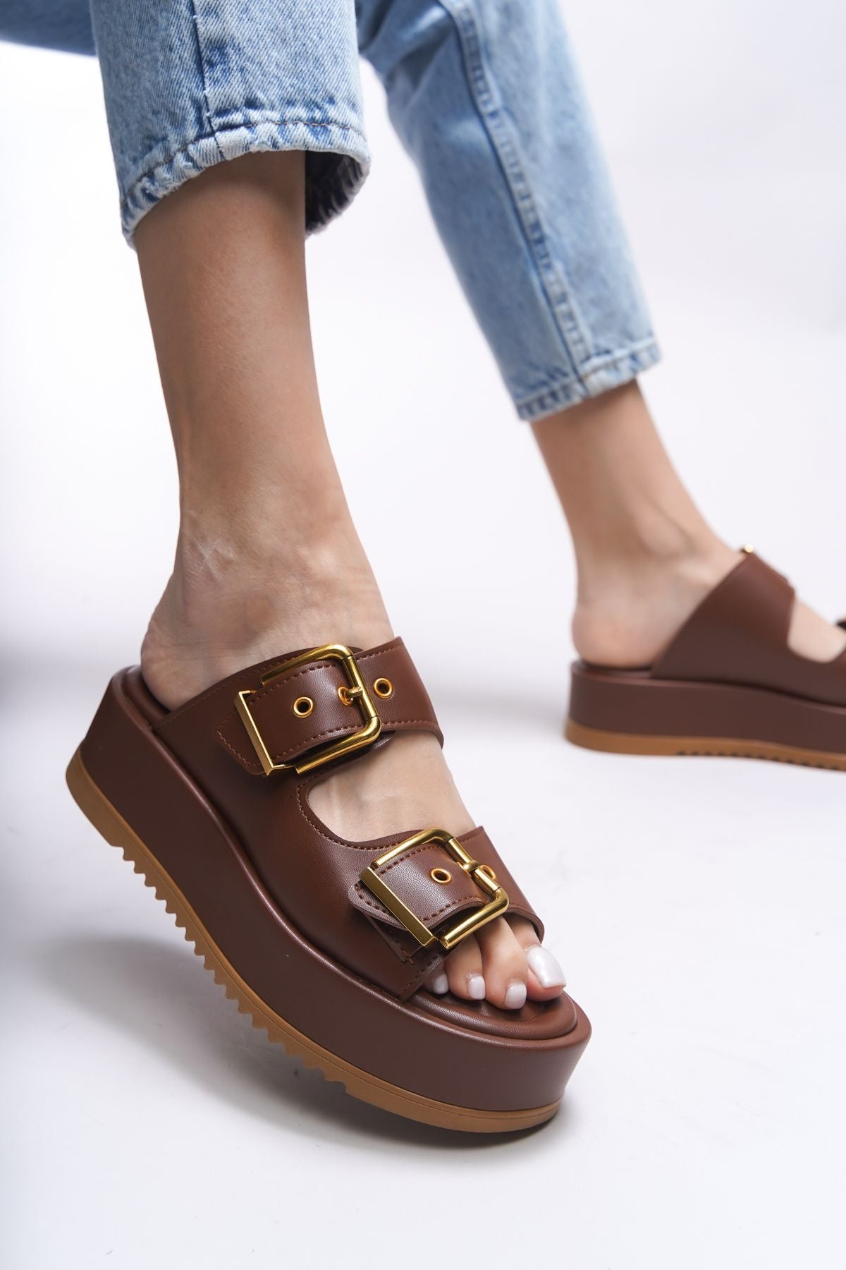 Winledha Female Double Buckle Slipper 001278 Brown Skin