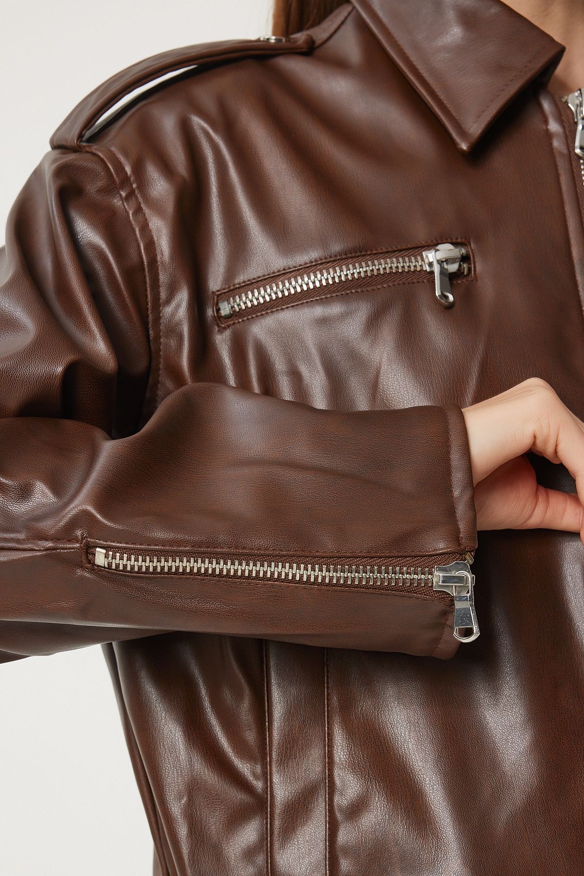 Female Brown Vintage Video Artificial Leather Biker Coat FN03382