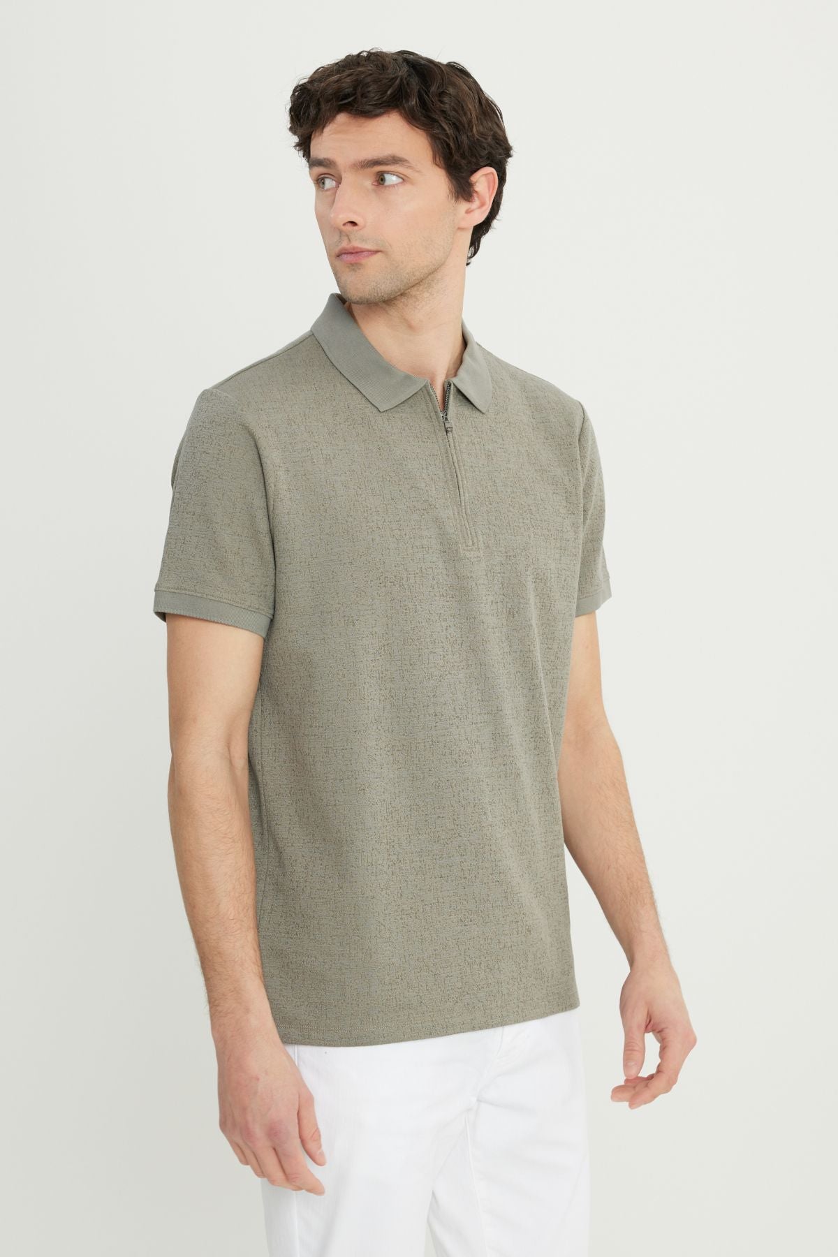 Men's Khaki Cotton Slim Fit Narrow Cut Zippered Flexible T -shirt with Jacquard
