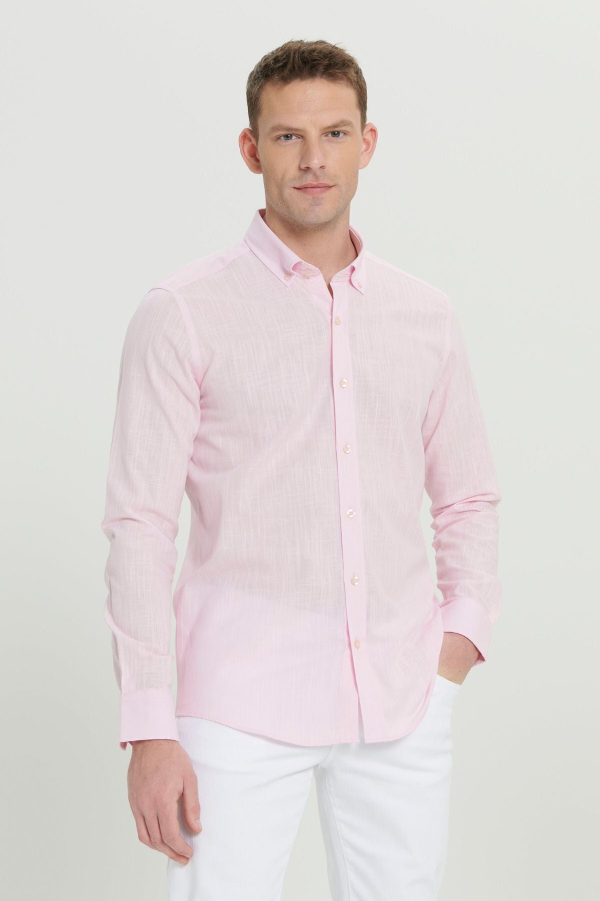 Male Pink 100 %Cotton Oxford Slim Fit button with collar pennant shirt