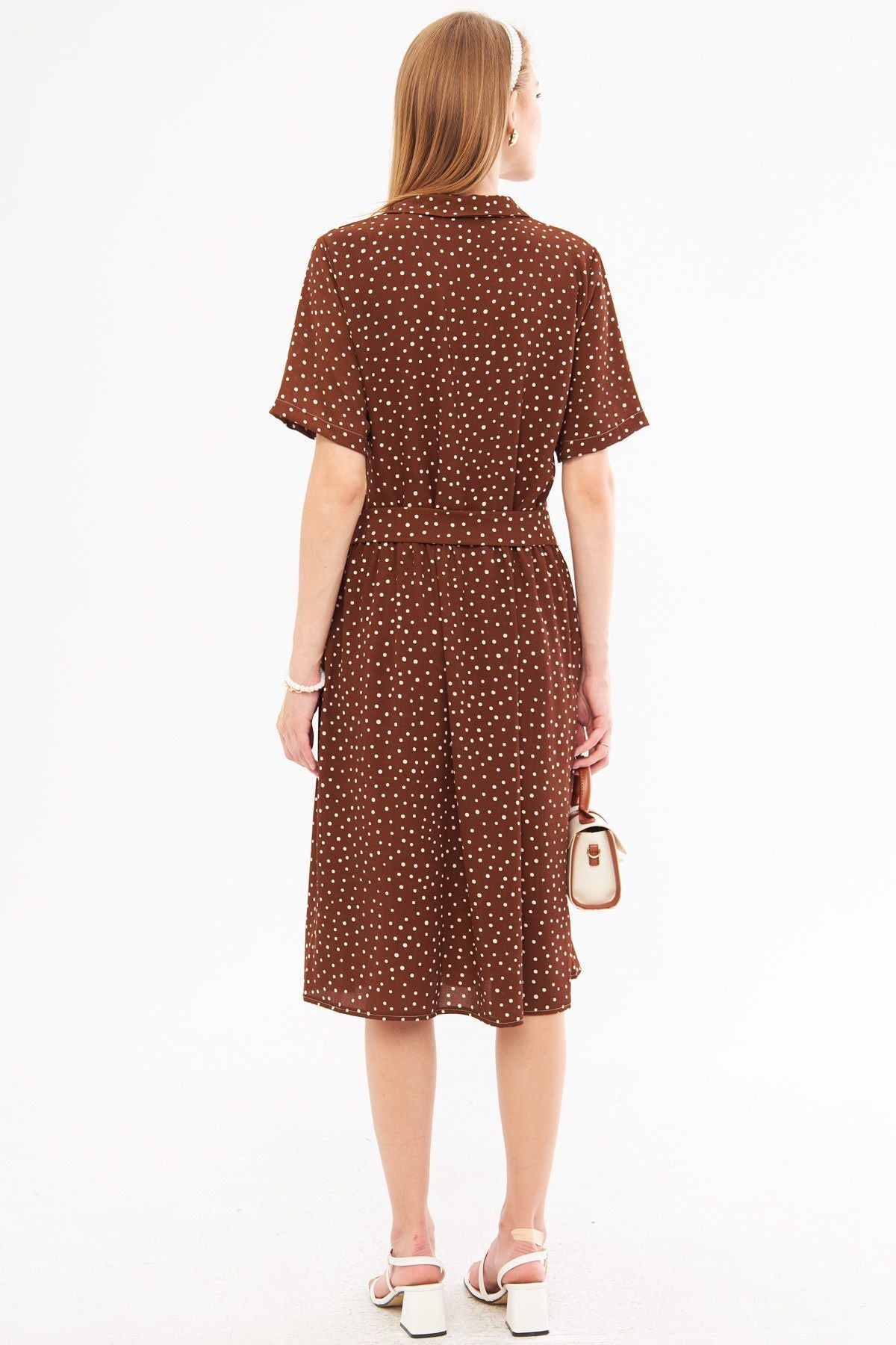Female coffee front buttoned waist shirred belt midi size dress ARM-24Y001068