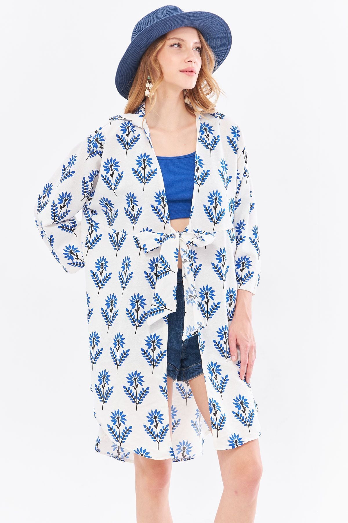 Kadın Saks Keten Görünümlü Desenli Önden Bağlamalı Midi Boy Kimono Gömlek ARM-24Y001096