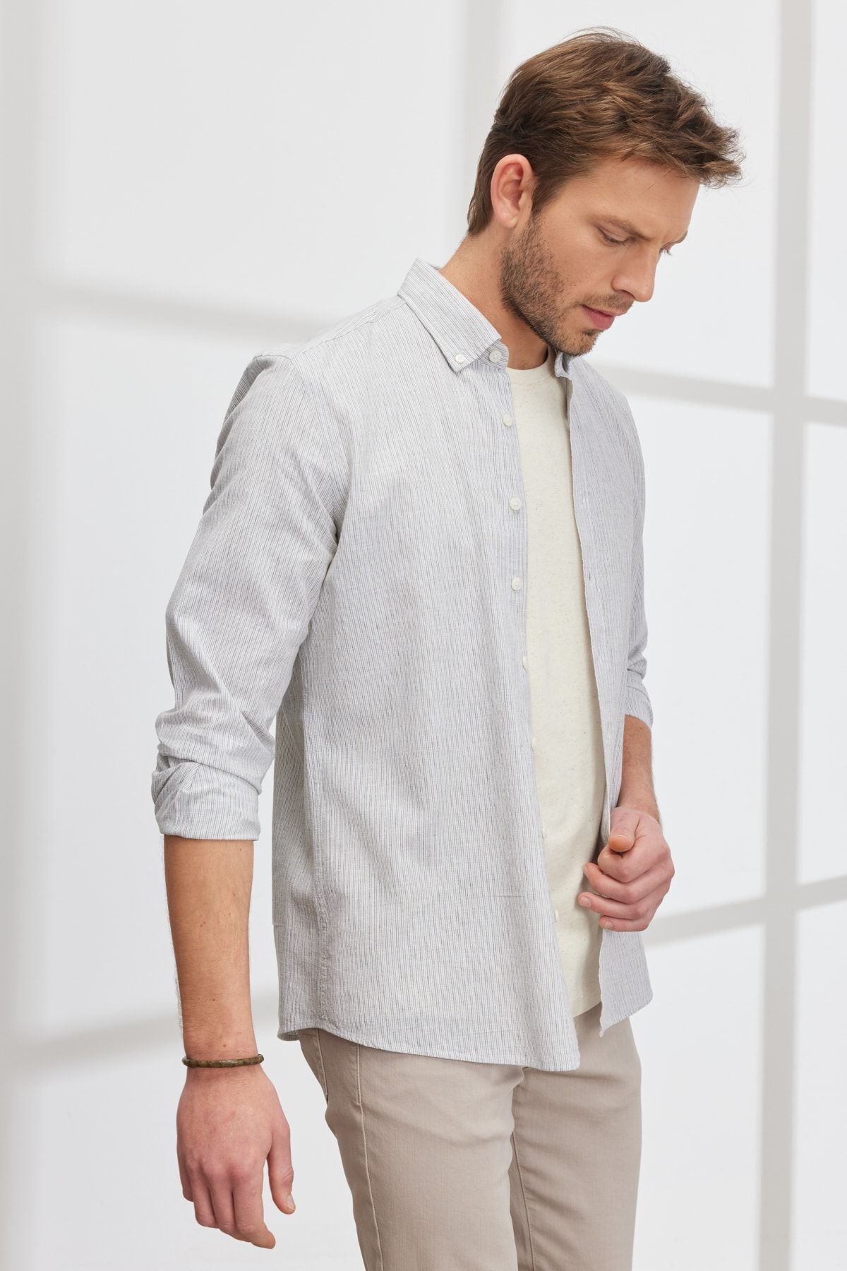 Men's White-Haki Slim Fit Narrow Cutting Buttoned Neck Organic Cotton Striped Linen Shirt