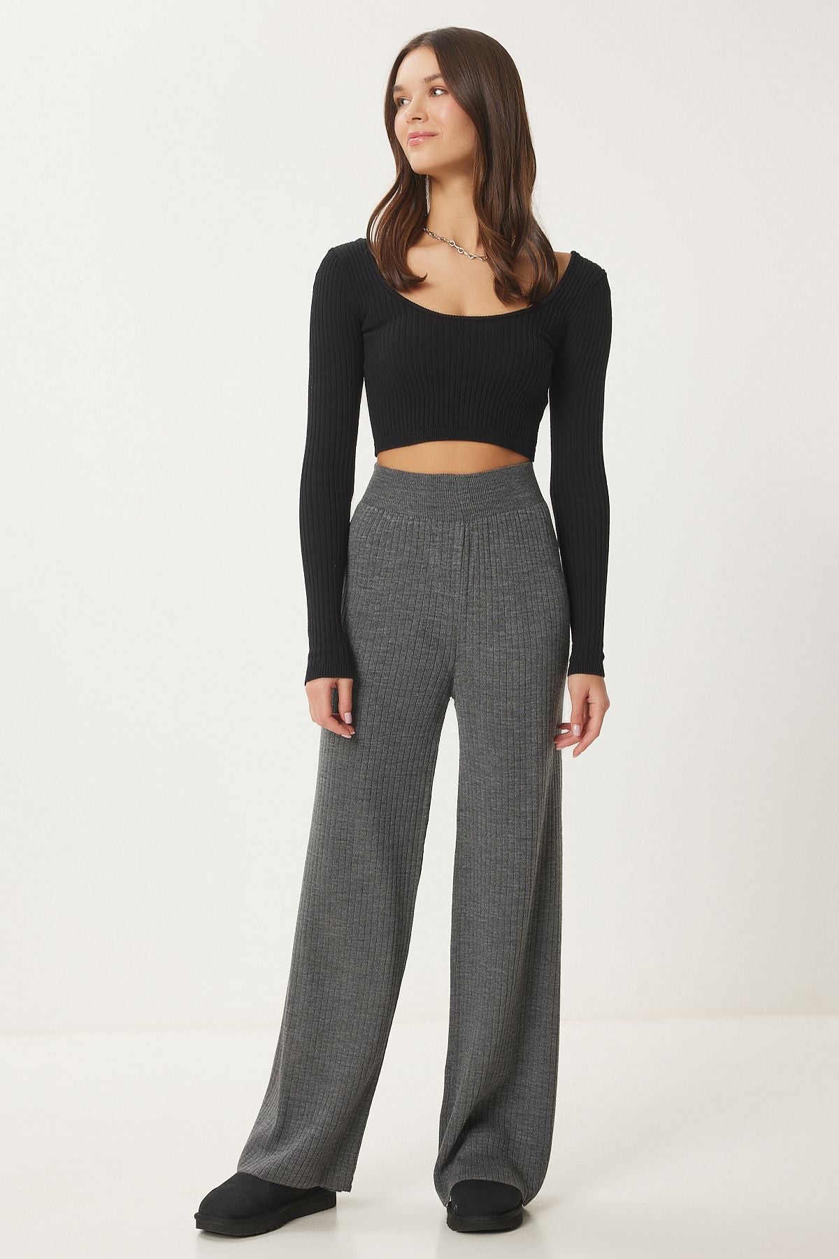 Woman anthracite wick knitwear pants ki00096