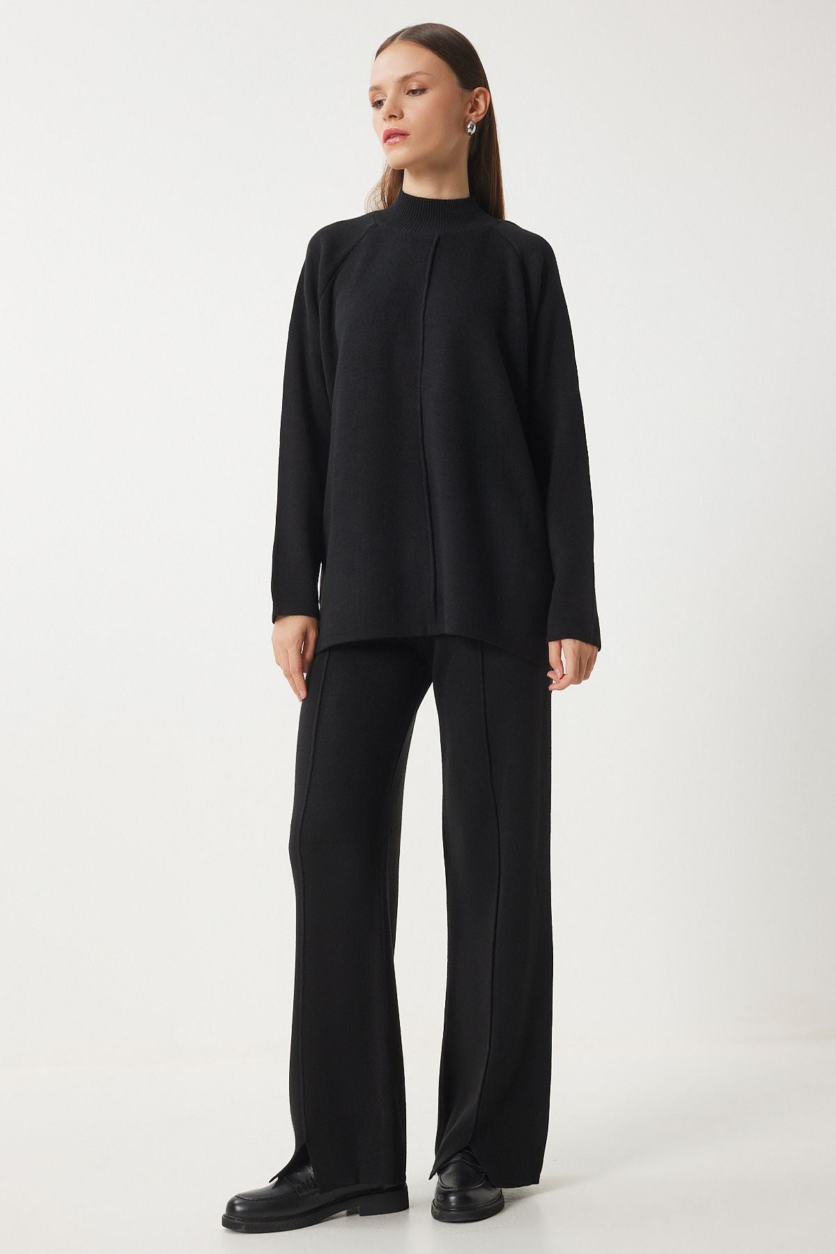 Woman Black Stylish Knitwear Cossack Pants Set Mu00012