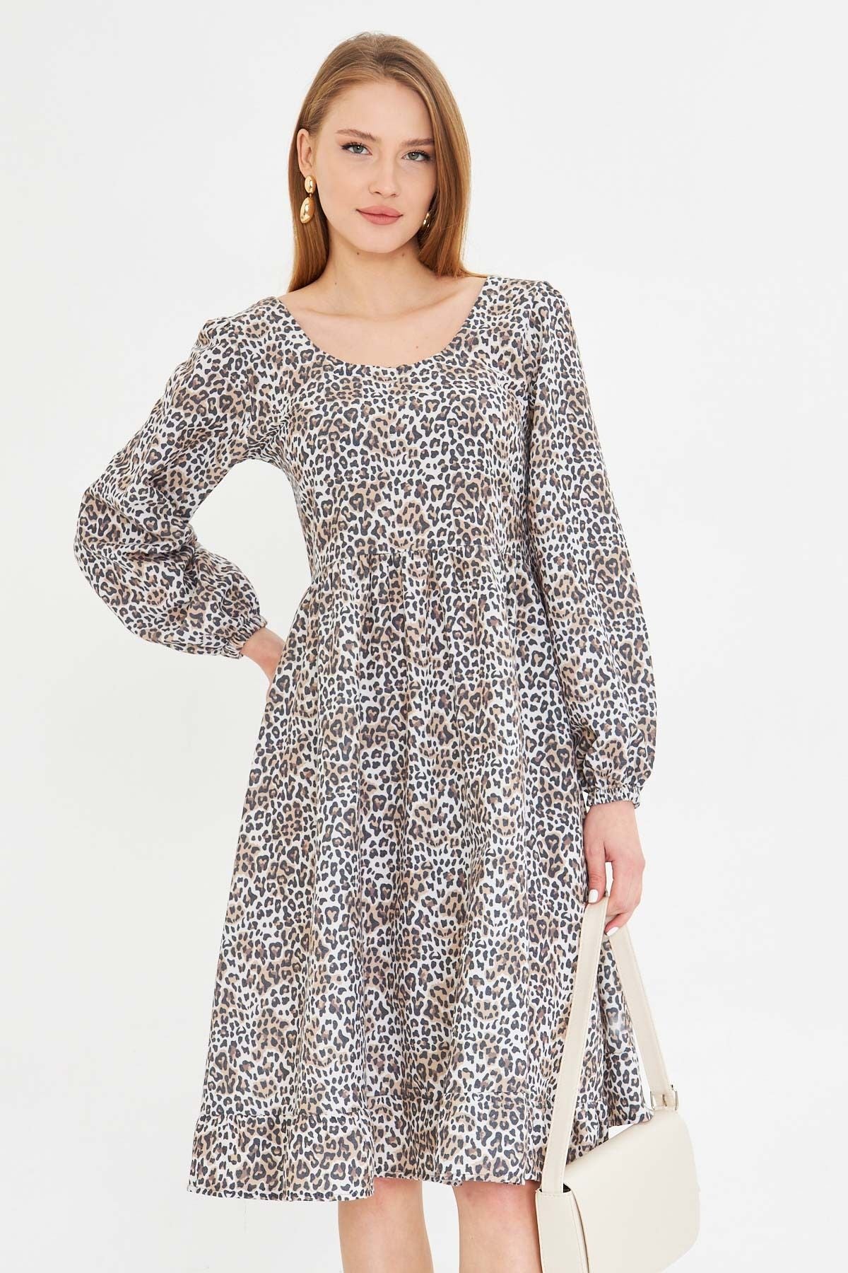 Female Beige U Back Back Zipper Waist Waist Midi Patterned Dress ARM-25K001104