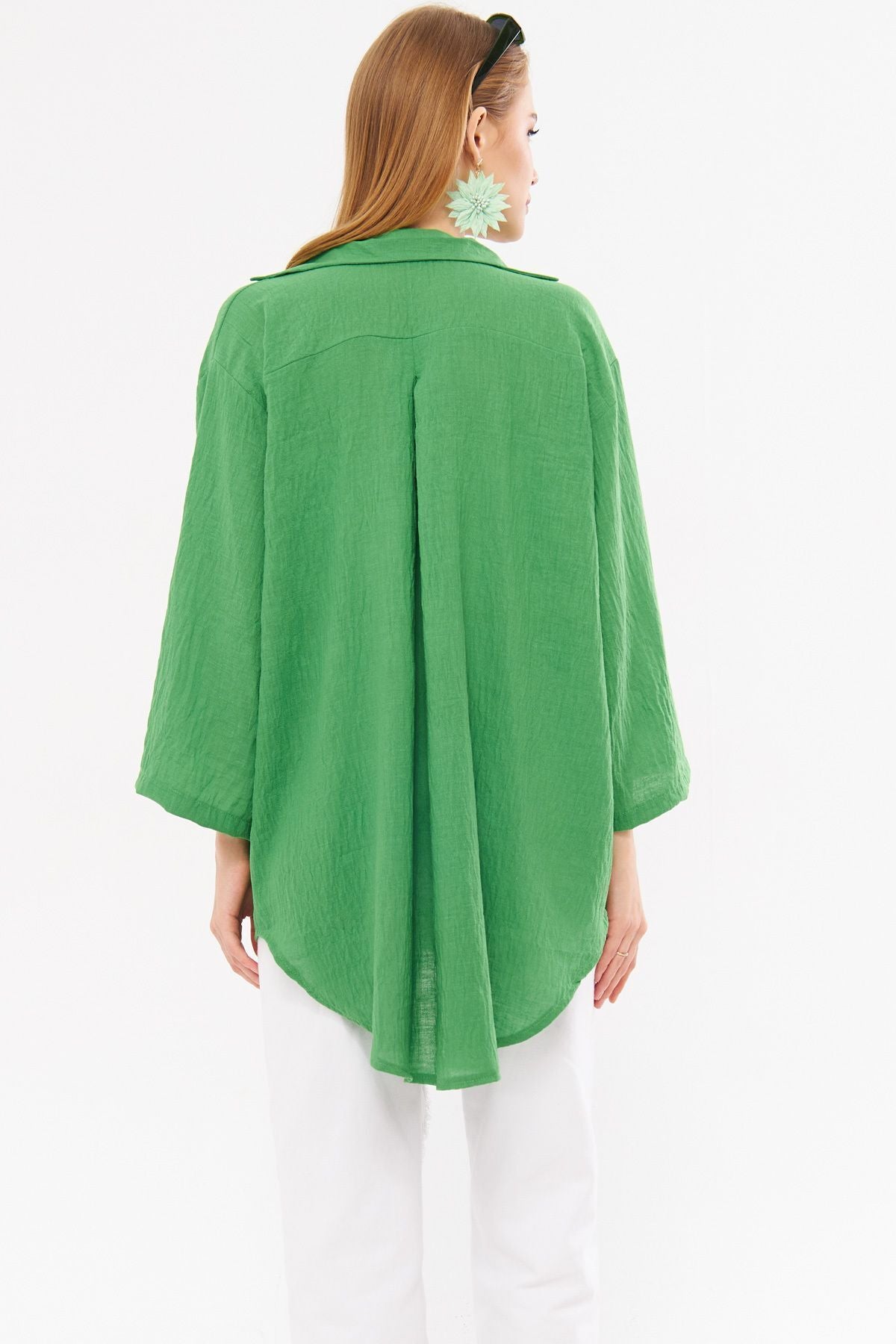 Female green linen-looking front-binding kimono shirt ARM-24Y001063