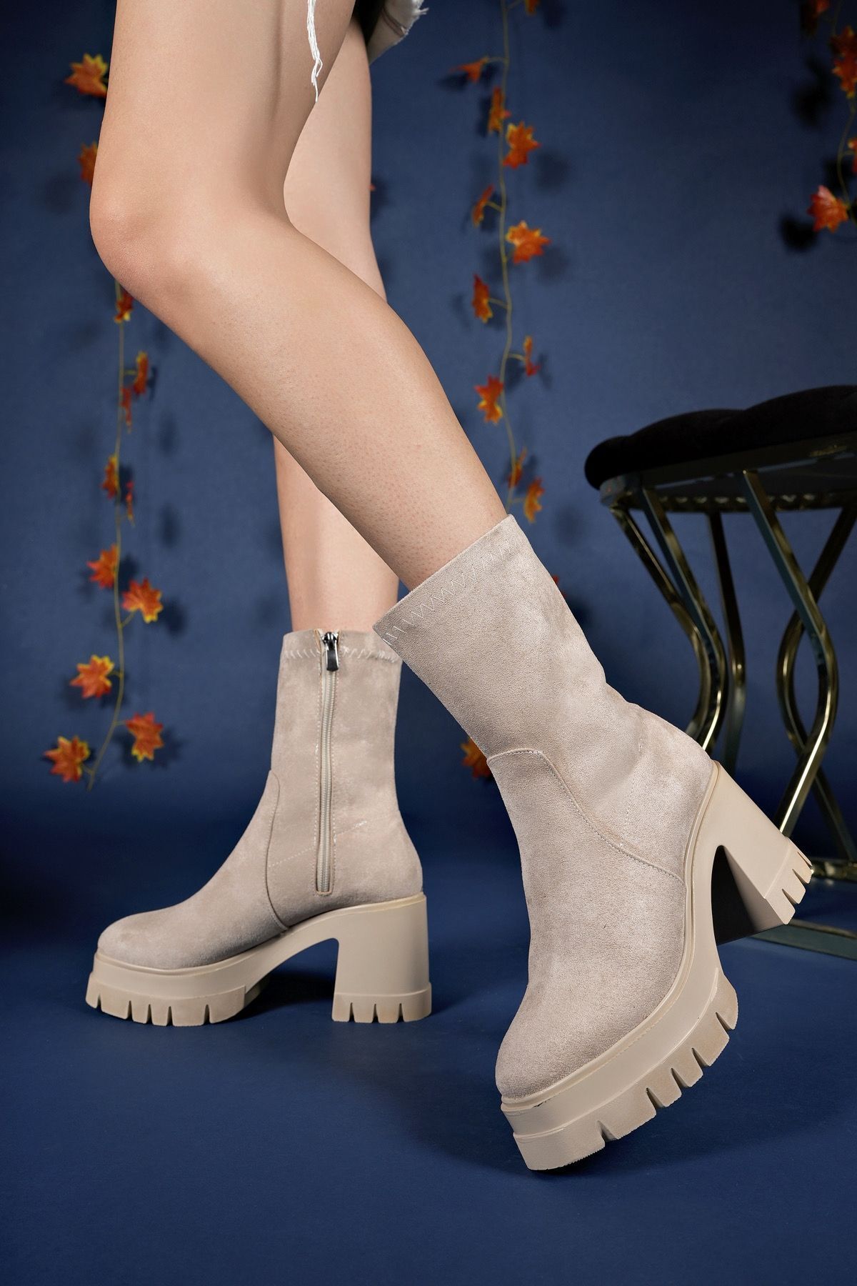 Lyhenor Women Heels Stretch Bot 0012634 beige suede