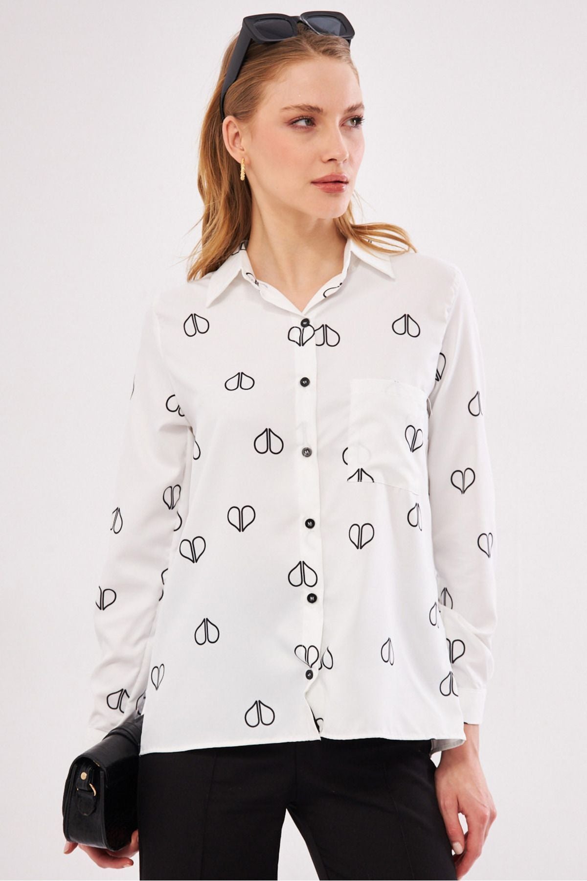 Women's White Sold Pile Detailed Single Patterned Long Sleeve Shirt ARM-24Y001015