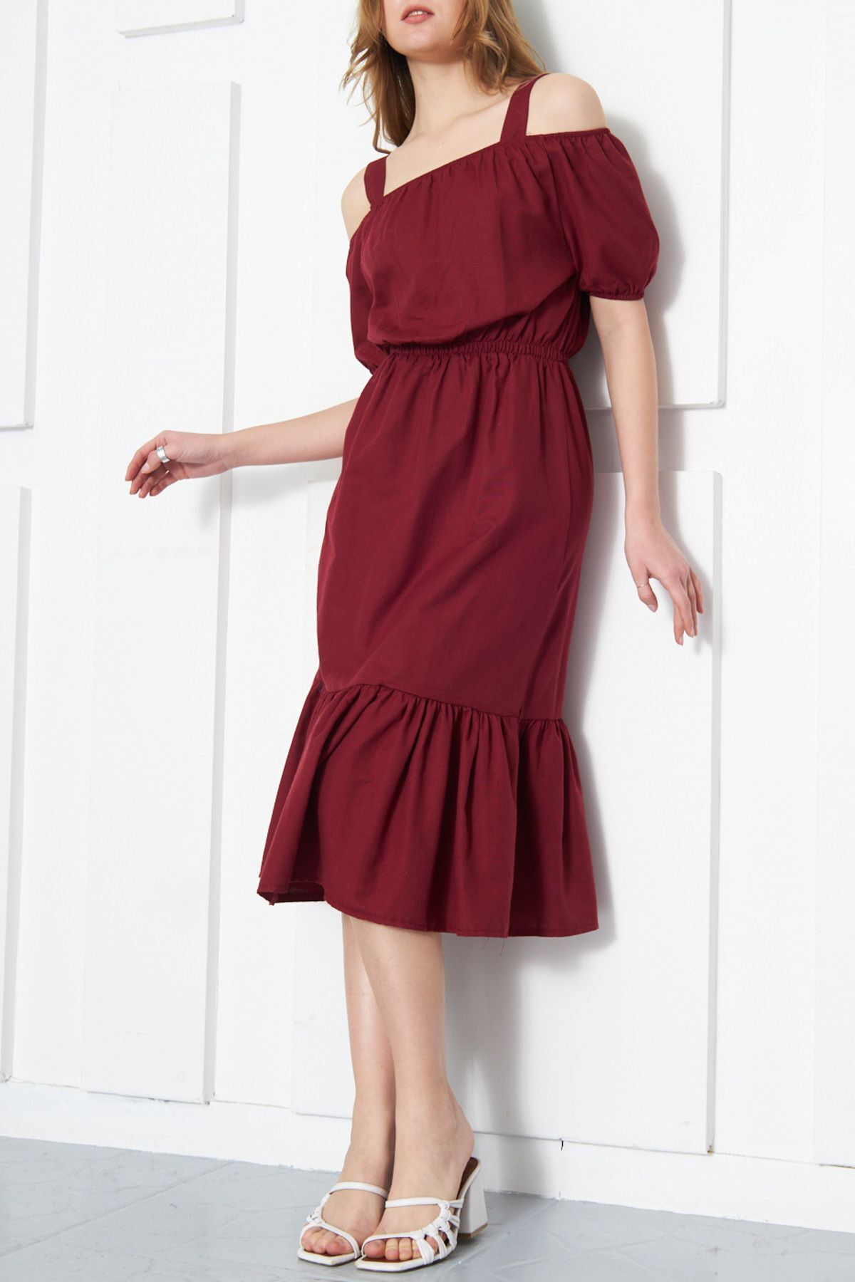 Woman Bordeaux Waist Waist Dress with Rubber Arm-21K001214